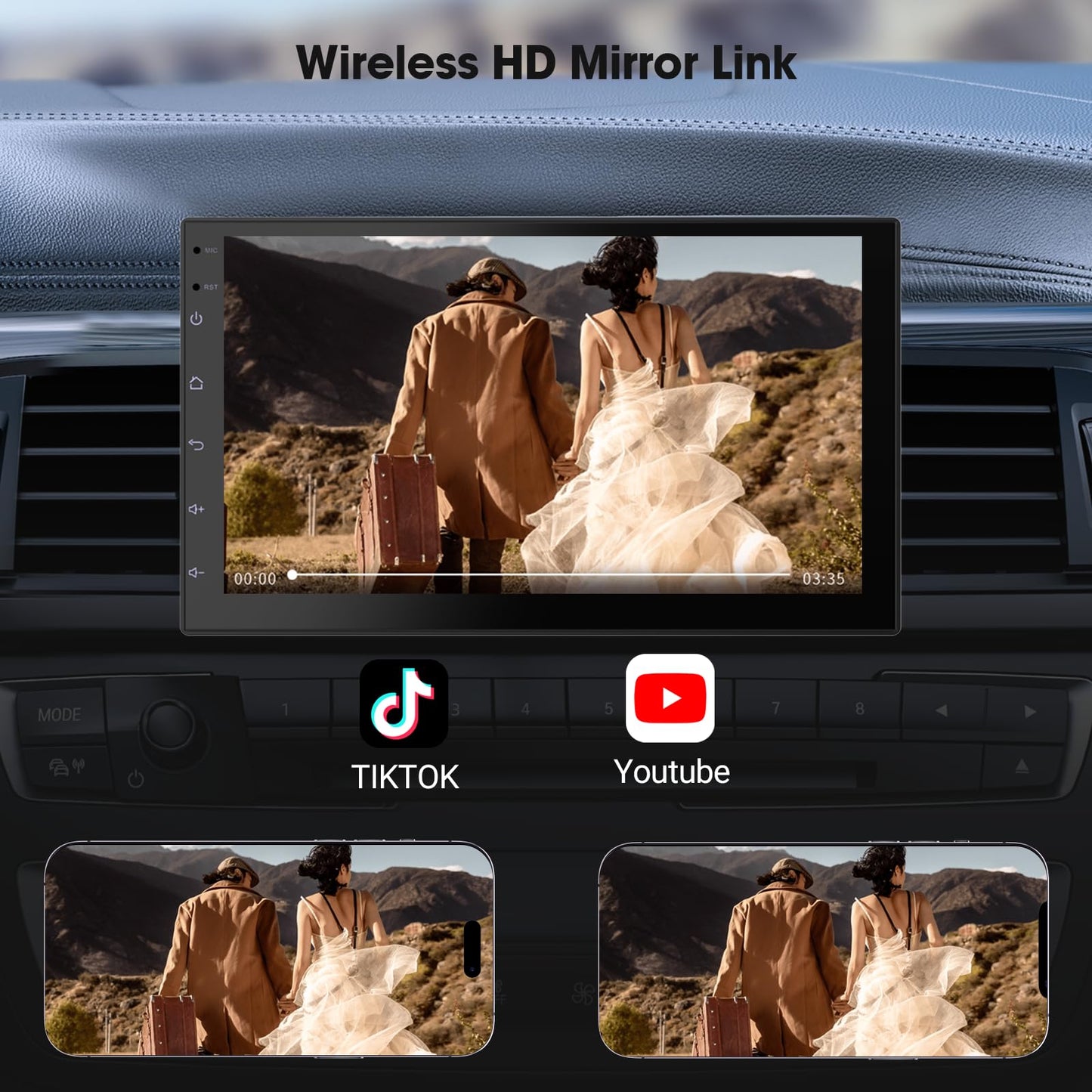 Pantalla táctil 7" para Auto con CarPlay/Android Auto inalámbrico, estéreo Doble DIN y cámara de reversa (2+32GB, cámara no incluida)