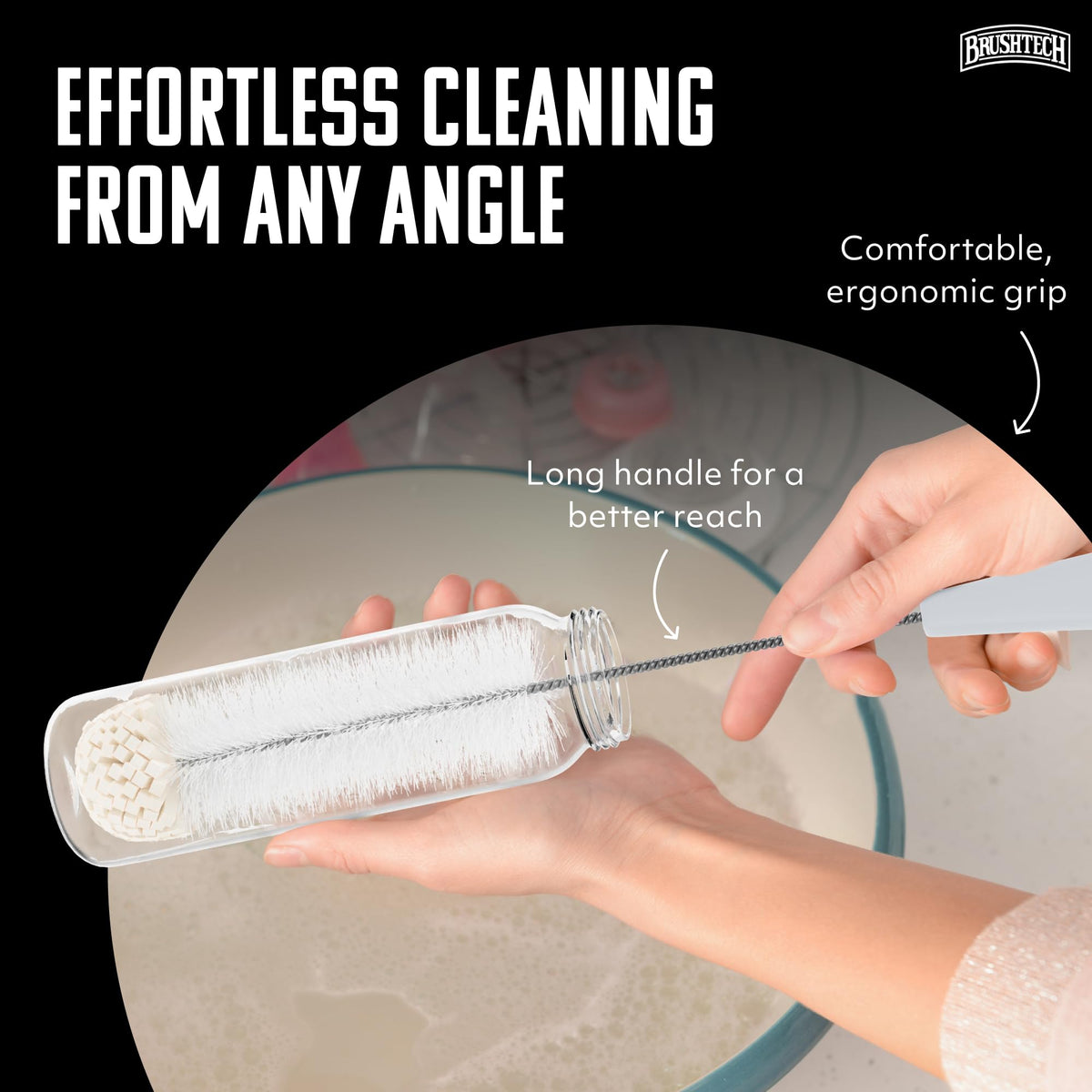 Brushtech - Cepillo para biberones con punta de espuma, paquete de 2 – cerdas duraderas y suaves y punta de espuma para limpieza profunda de biberones, fabricado en Estados Unidos, herramientas de