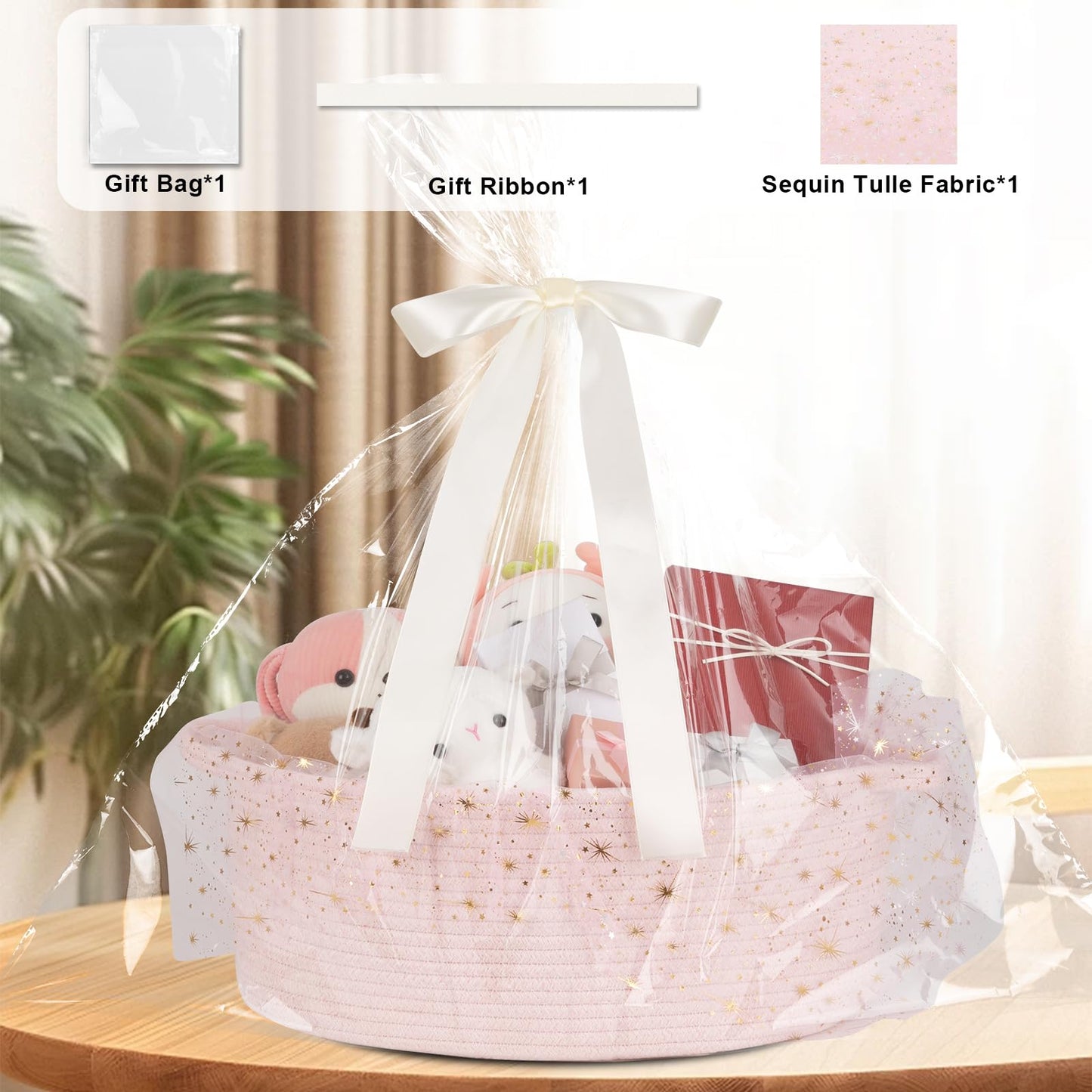 OIAHOMY Cesta de regalo grande con asa, cesta tejida de 17 x 12.6 x 7 pulgadas con bolsa de regalo, cinta, contenedores de almacenamiento de guardería vacía para llenar con toallas, bebé, organizador