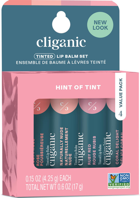 Cliganic Non-GMO Tinted Lip Balm Set, 4 pcs - Lip Balm Pack with Vitamin E and Sunflower Seed Oil - Moisturizer for Cracked and Dry Lips - Natural Lip Balm for Men and Women - 4 colors