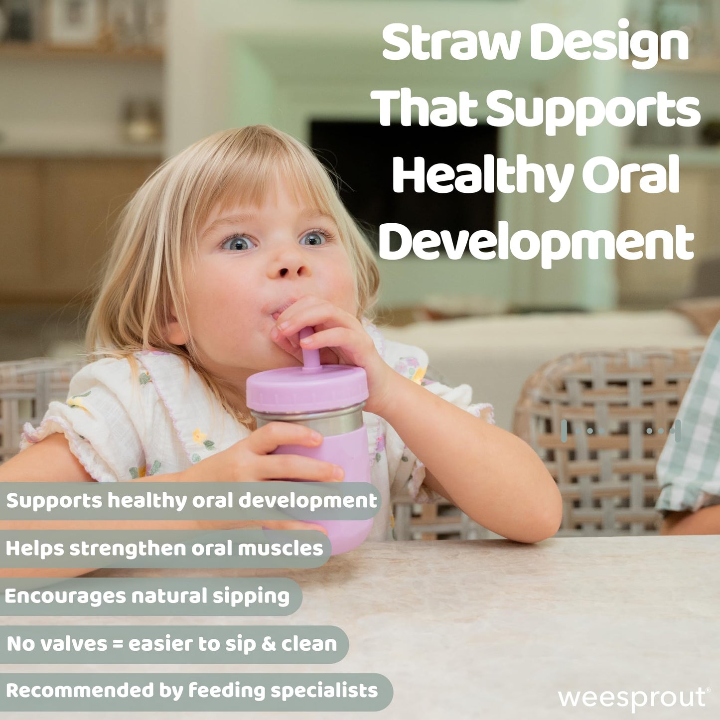 WeeSprout 2 en 1 - Vasos para beber para niños, vaso de acero inoxidable duradero para batidos, pajitas de silicona con tapones, tapas giratorias de plástico premium, fundas de fácil agarre, juego de