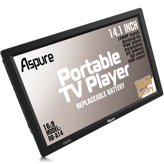 Aspure - Televisor LED portátil digital ATSC HD de 14 pulgadas con compartimento de batería cargador para coche, camping, exterior, cocina. Baterías recargables, televisor/monitor con reproductor