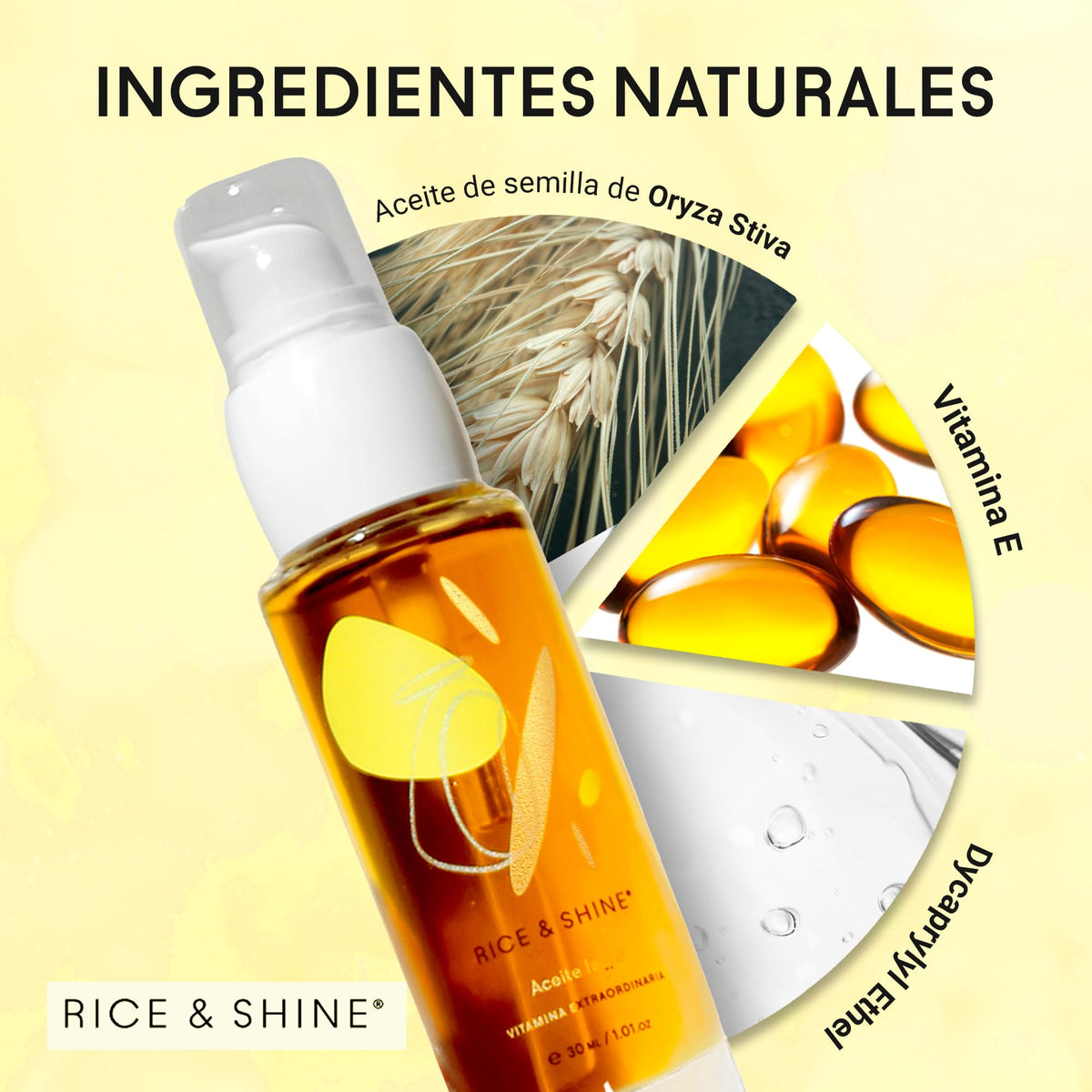 RICE & SHINE | Aceite de Germen de Arroz - Aceite Facial Natural con Vitamina E | Skin Care 60% más Vitamina E que el Aceite de Argán - Protección para Piel Sensible