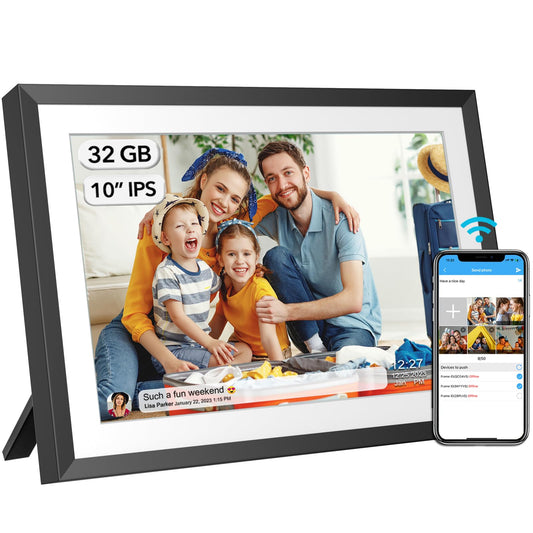 Marco de fotos digital WiFi de 32 GB de 25.65 cm con visualización táctil IPS HD de 1280 x 800, envía fotos o videos a través de la aplicación o correo electrónico, compatible con unidad