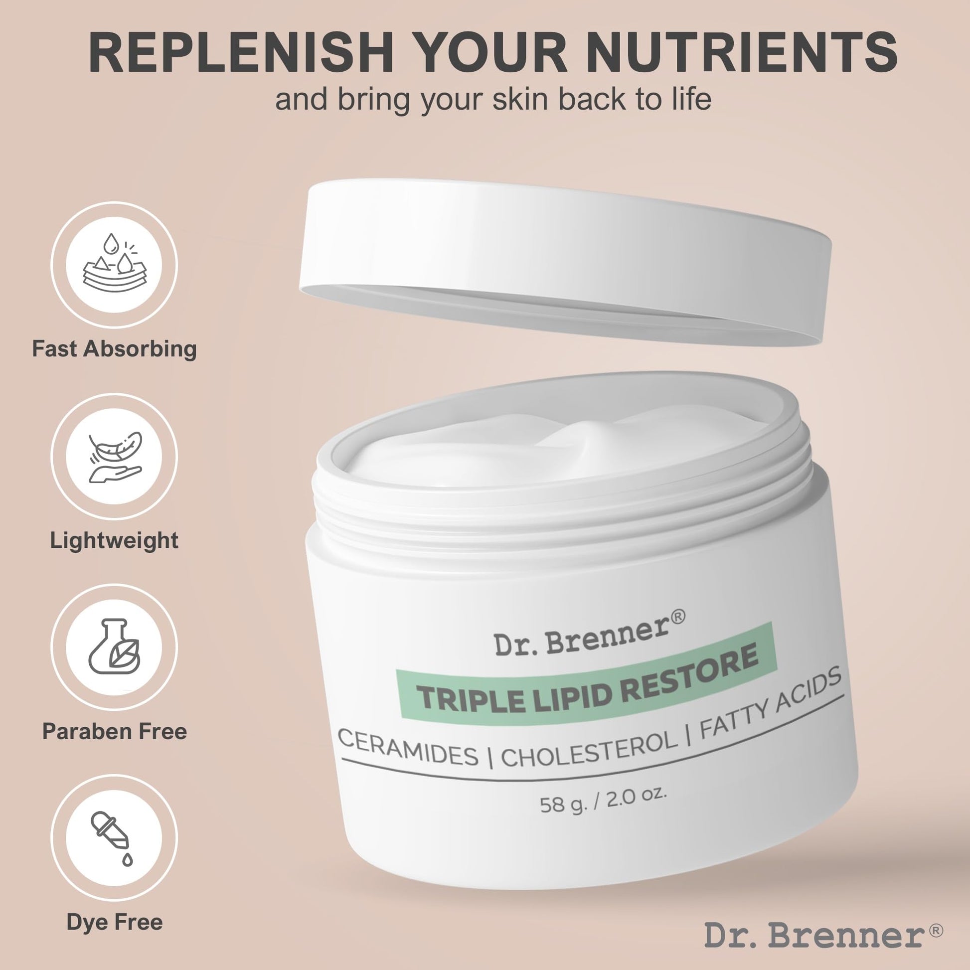 Dr. Brenner- Crema hidratante facial antienvejecimiento Triple Lipid Restore, reafirmante y recuperadora con ceramidas, lípidos y