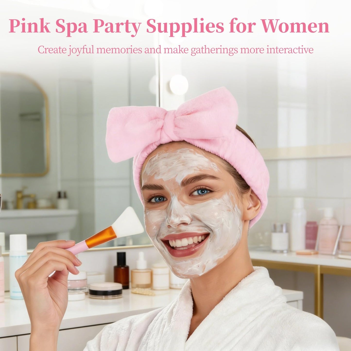 Lnrueg 6 juegos de suministros de fiesta de spa rosa para mujeres, tazón de máscara facial con cepillo para polvo de espátula, toalla para la diadema y espejo plegable, kit de spa para fiesta de