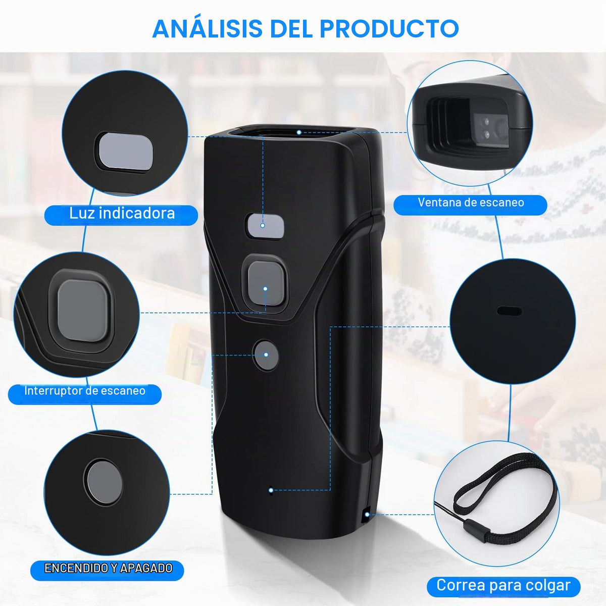 Escáner de Código de Barras Jrhc Mini 2D Negro Portátil Inalámbrico Bluetooth 3 en 1 Compatible con iOS, Android, Windows, Mac y PC