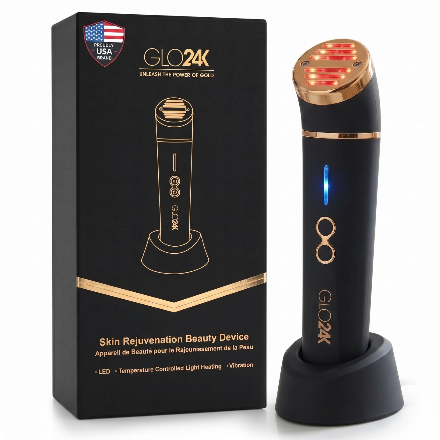 GLO24K - Dispositivo de belleza para rejuvenecimiento de la piel, basado en LED de triple acción, térmica, tecnologías de vibración. Tratamiento antiedad SPA en casa.