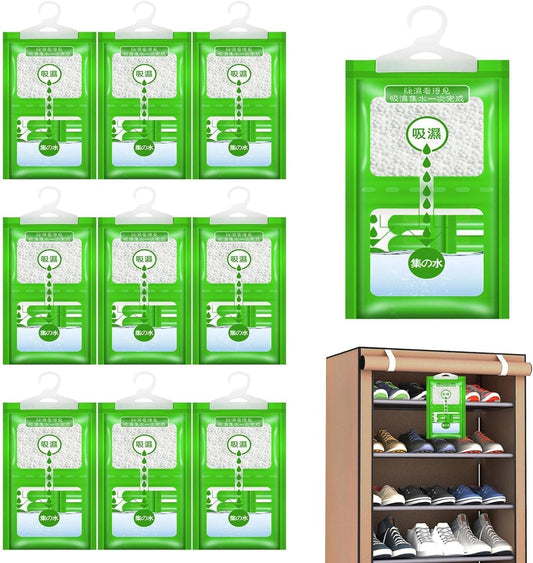 Bolsa colgante para absorbentes de humedad - 10 paquetes, absorbente de olores para espacios estrechos, absorbente de humedad eficiente para cocinas, sótanos, baños, eliminador de olores (10, Verde)