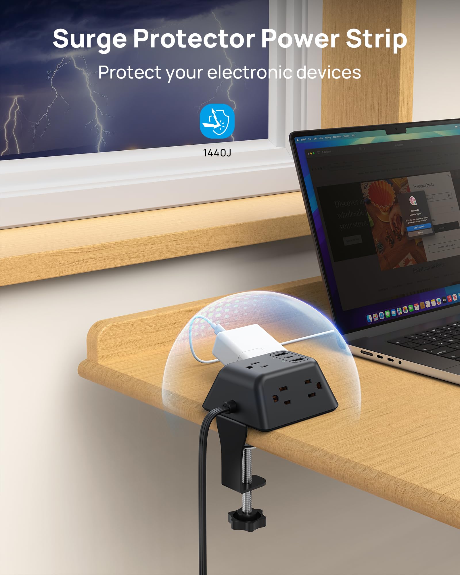 TROND Regleta Multicontacto con Abrazadera 3M, 5 Tomas AC y 3 Puertos USB, Protector de Sobretensión, Montaje en Escritorio, Apto para Mesas de 1.97", Ideal para Hogar, Oficina y Juegos,Negro