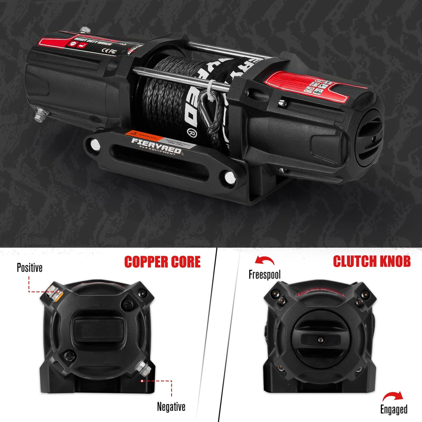 FieryRed - Cabrestante eléctrico para ATV/UTV, 12 V, 5500 libras, con cuerda sintética, con control remoto inalámbrico, Hawse de aluminio y soporte de montaje, impermeable IP67