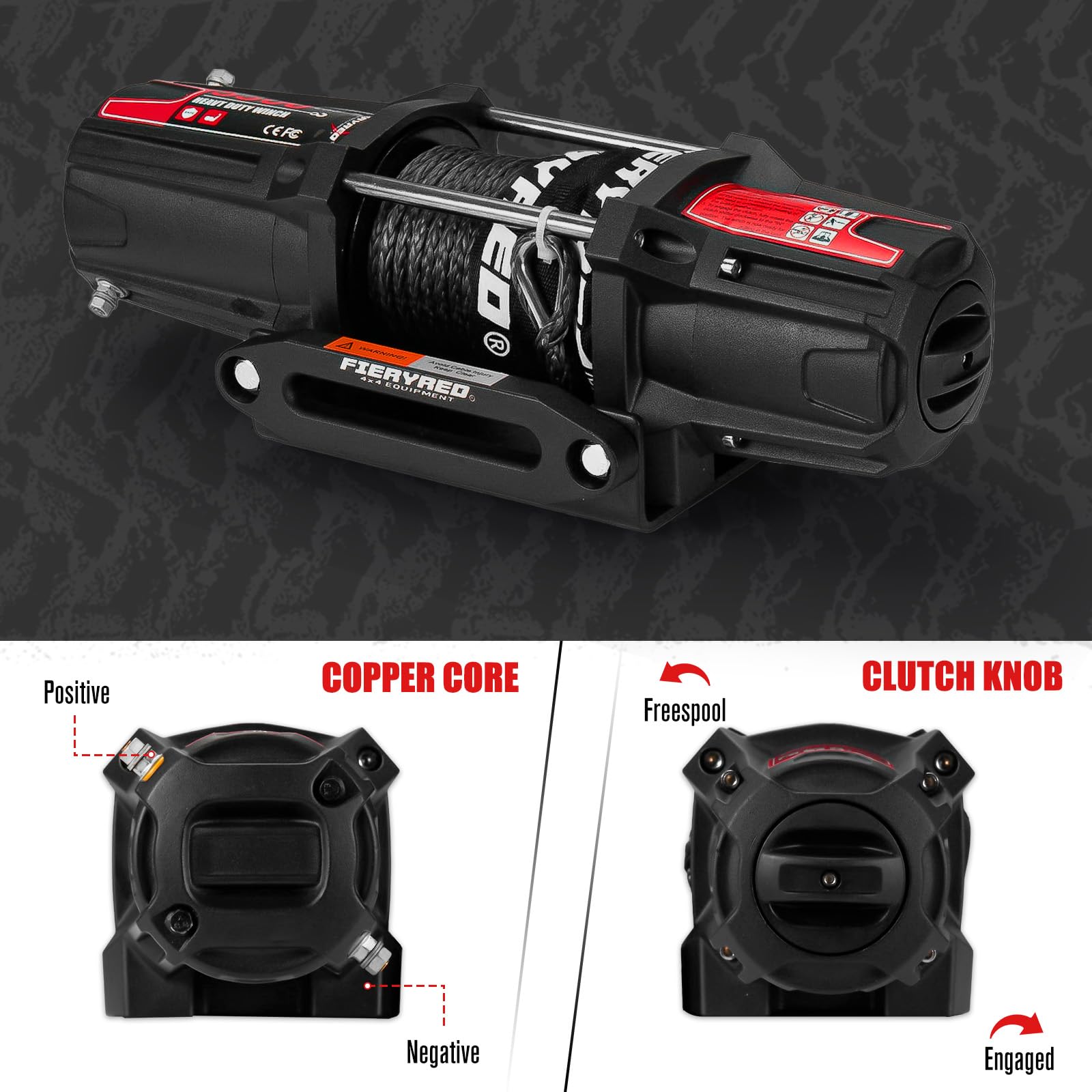 FieryRed - Cabrestante eléctrico para ATV/UTV, 12 V, 5500 libras, con cuerda sintética, con control remoto inalámbrico, Hawse de aluminio y soporte de montaje, impermeable IP67