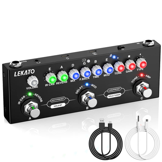 LEKATO - Pedal de guitarra multiefectos, con carga IR de 9 modelos AMP, pedal de sobremarcha de distorsión de reverberación retardada, efectos de guitarra eléctrica recargable, grabación de soporte