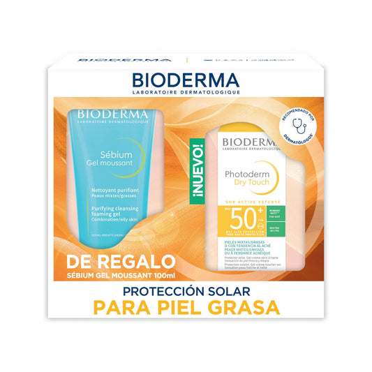 BIODERMA, Pack Protector Solar Piel Mixta Grasa, Photoderm Dry Touch Neutro, Limpiador Facial Sébium Gel Moussant