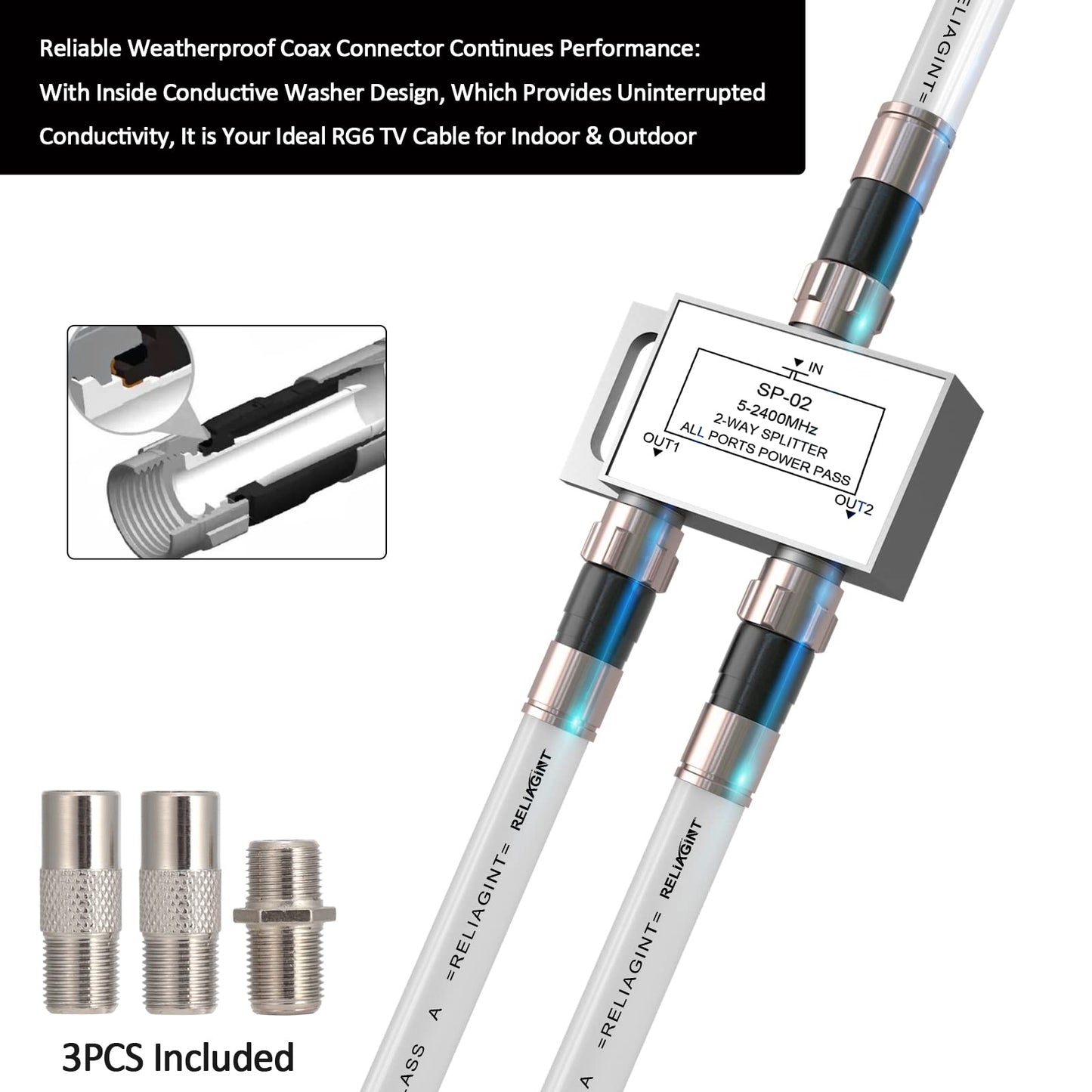 RELIAGINT RG6 cable coaxial con conector F, adaptador de extensión de conector F81, cable coaxial de alta velocidad de baja pérdida, extensión de cable para HD-TV, Dish, Satélite, Antena, 15,2 m
