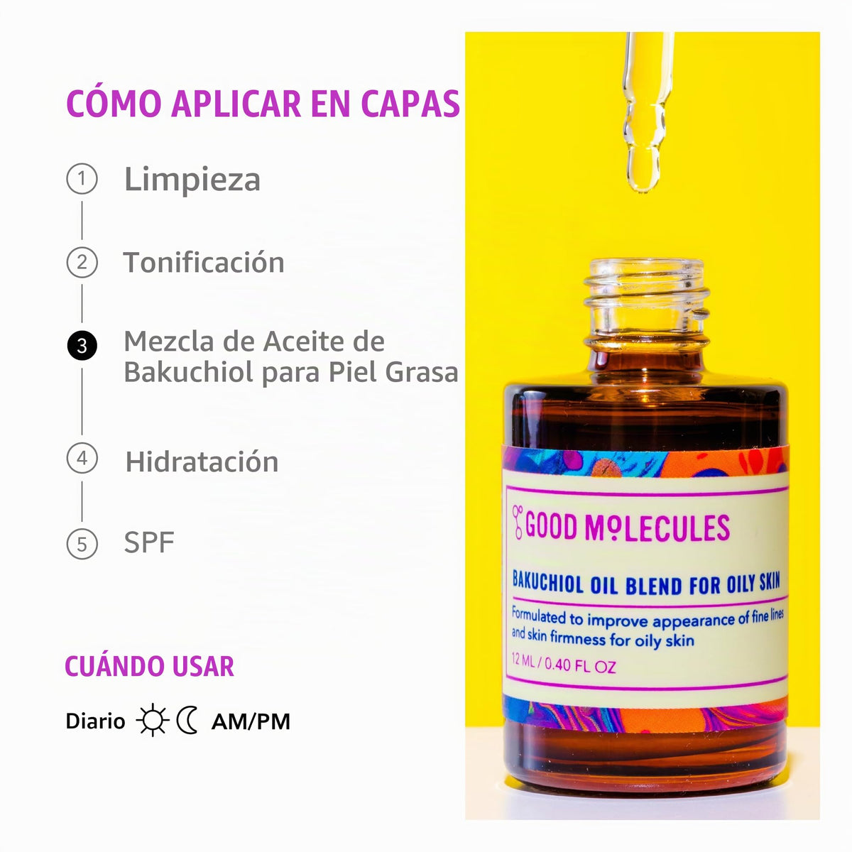Good Molecules Bakuchiol Oil For Oily Skin 12ml / 0.40oz - Moisturizing, Firming, Anti-Aging, Antioxidant Facial Oil For Wrinkles, Fine Lines - Natural Skin Care For Face with Rosehip and Baobab Oil