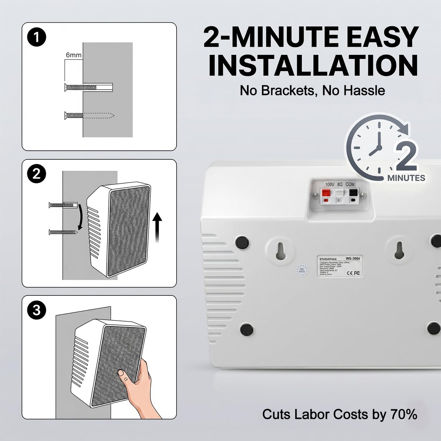 STUDIOFINIX - Altavoces PA montados en la pared de 4 pulgadas, potencia máxima de 240 W, 8 ohmios y 70 V/100 V, modo dual, para cine en casa, comercial, oficina, sistema PA (blanco, par)