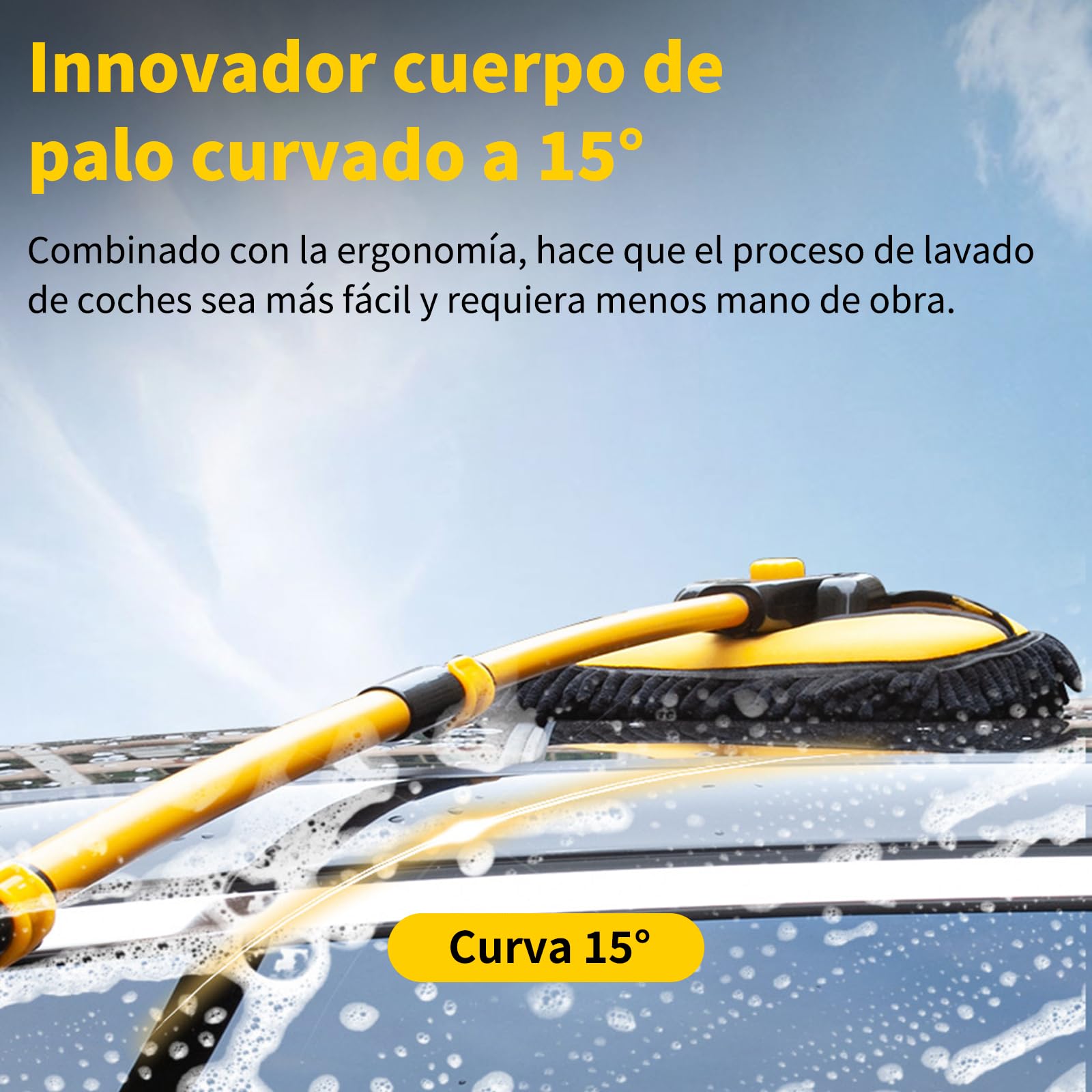 Benanei Cepillo para Lavar Carros Curvado 15°con Mango Largo, Kit de Limpieza para Auto, Chenilla Cepillo para Auto con Poste Extensible 50-120cm, para Lavar Coches, Limpiar Cristales, Fregar, Hogar