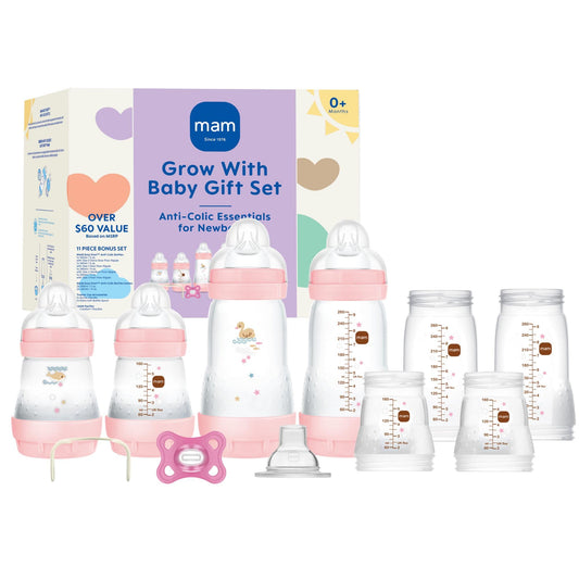 MAM Grow with Baby Feeding Set, imprescindible para recién nacidos durante 0 a 3 meses, biberones anticólicos, chupetes y pezones de silicona Skinsoft, regalo de bebé, 11 piezas, última intervensión