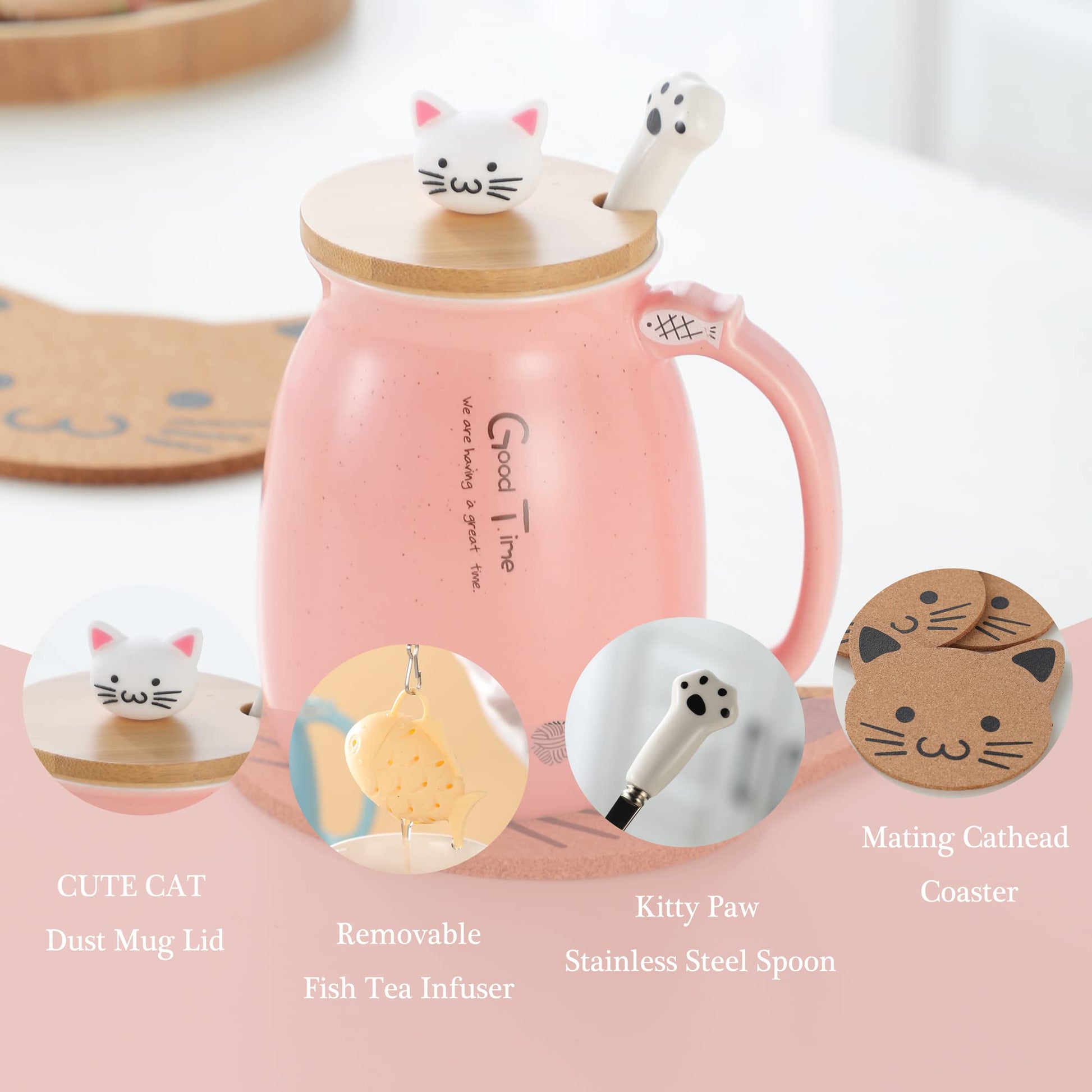 BigNoseDeer Taza de té Kawaii con infusor de gato lindo taza de café de cerámica, taza de té, color rosa, lindo, regalo para mujeres, amantes de los gatos, regalos de 13 onzas