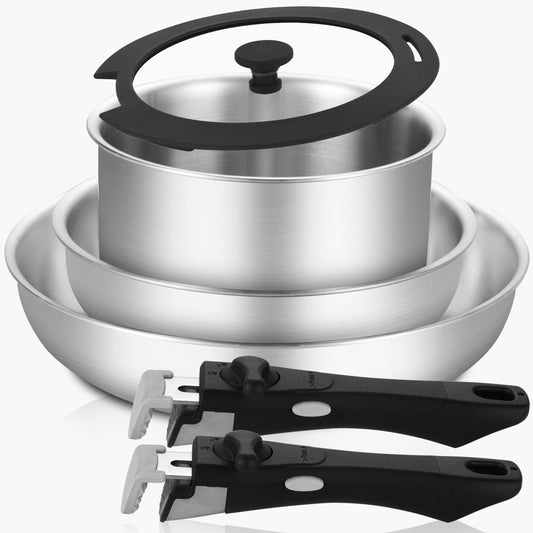 INQIBEE-El set de sartenes de acero inoxidable tricapa, apto para inducción, ideal para hogar y camping en RV, con asa desmontable para utensilios de cocina, apto para lavavajillas y horno.