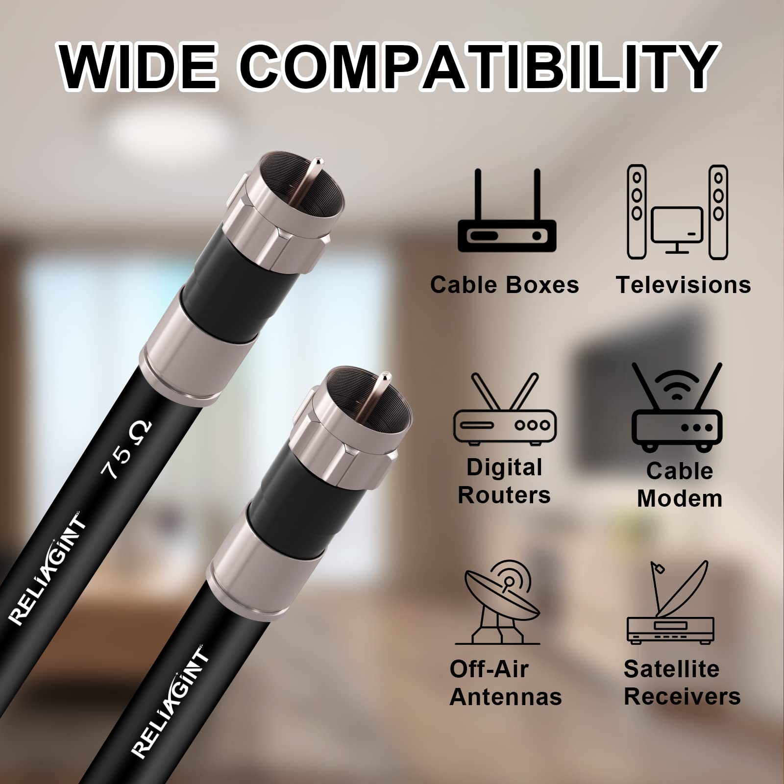 RELIAGINT Cable coaxial RG6 de 15 pies negro, cable coaxial de 75 ohmios con conector F y acoplador doble hembra F81, cable de extensión de antena de TV de alta velocidad y baja pérdida para TV HD
