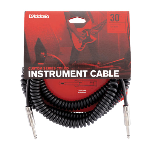 D'Addario Guitar Cable - Guitar Lead - Instrument Cable - Guitar Accessories - Custom Series Coiled Cable - 30 Feet/9.14 Meters - Black - 1 Pack