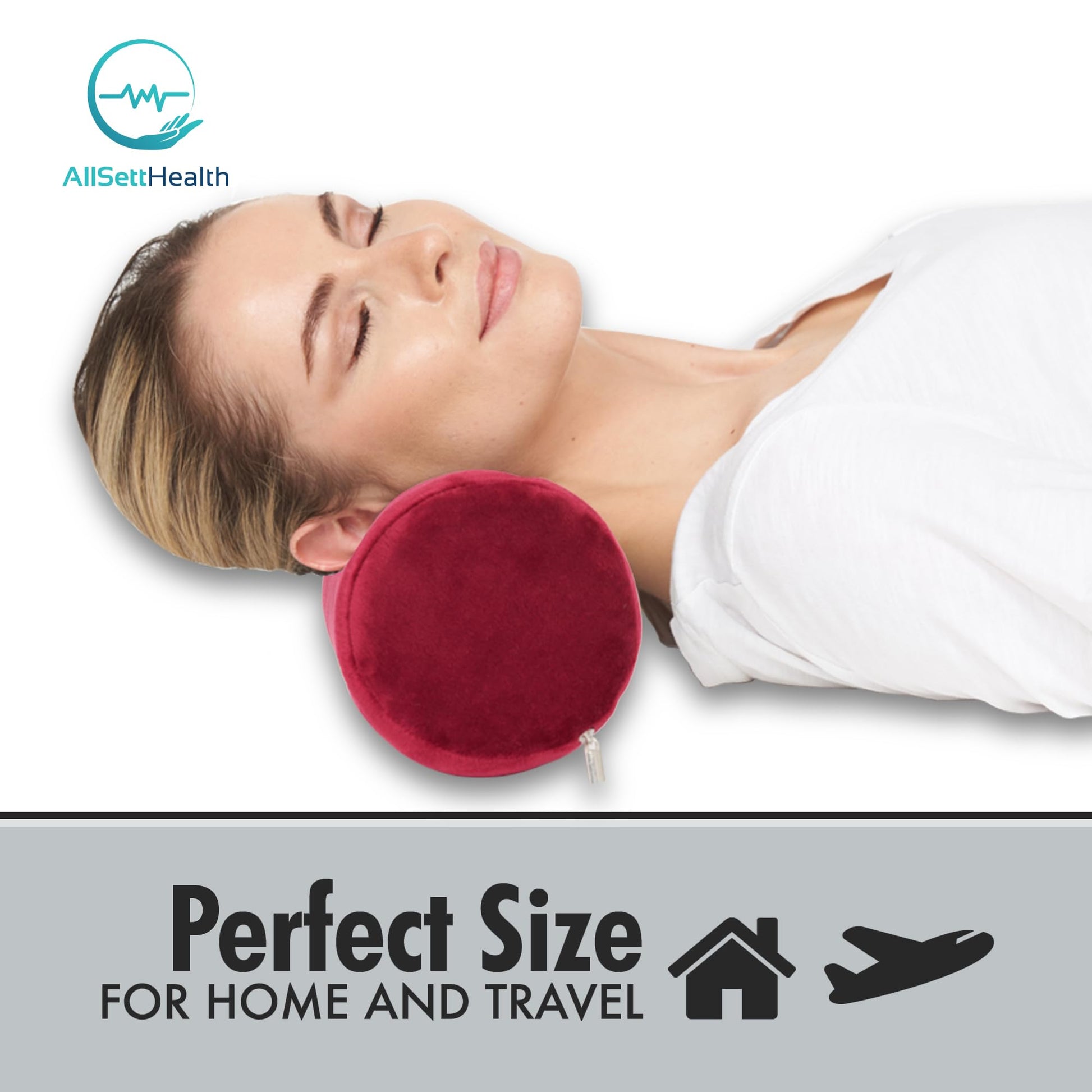 AllSett Health - Almohada de espuma viscoelástica para cuello cervical, almohada de cuello redondo, soporte para dormir, almohada para cama, piernas, espalda y yoga, funda de baño color burdeos