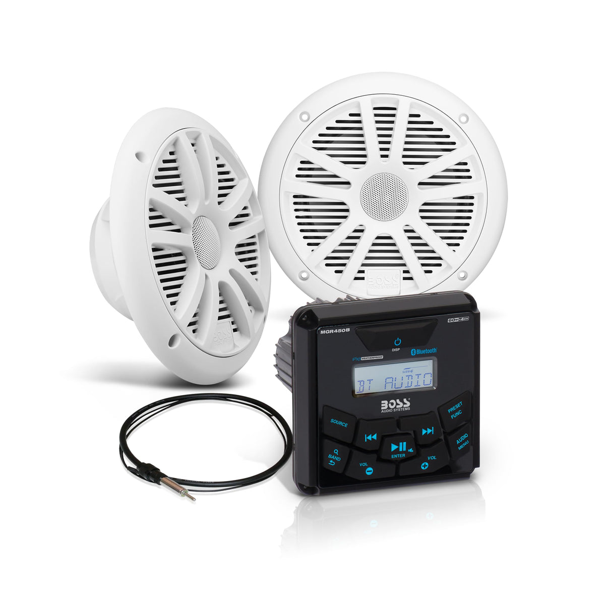 Sistema de Audio Marino Boss Audio Blanco con Bluetooth y Resistente al Clima IPX6, Dos Altavoces de 6.5" y un Receptor