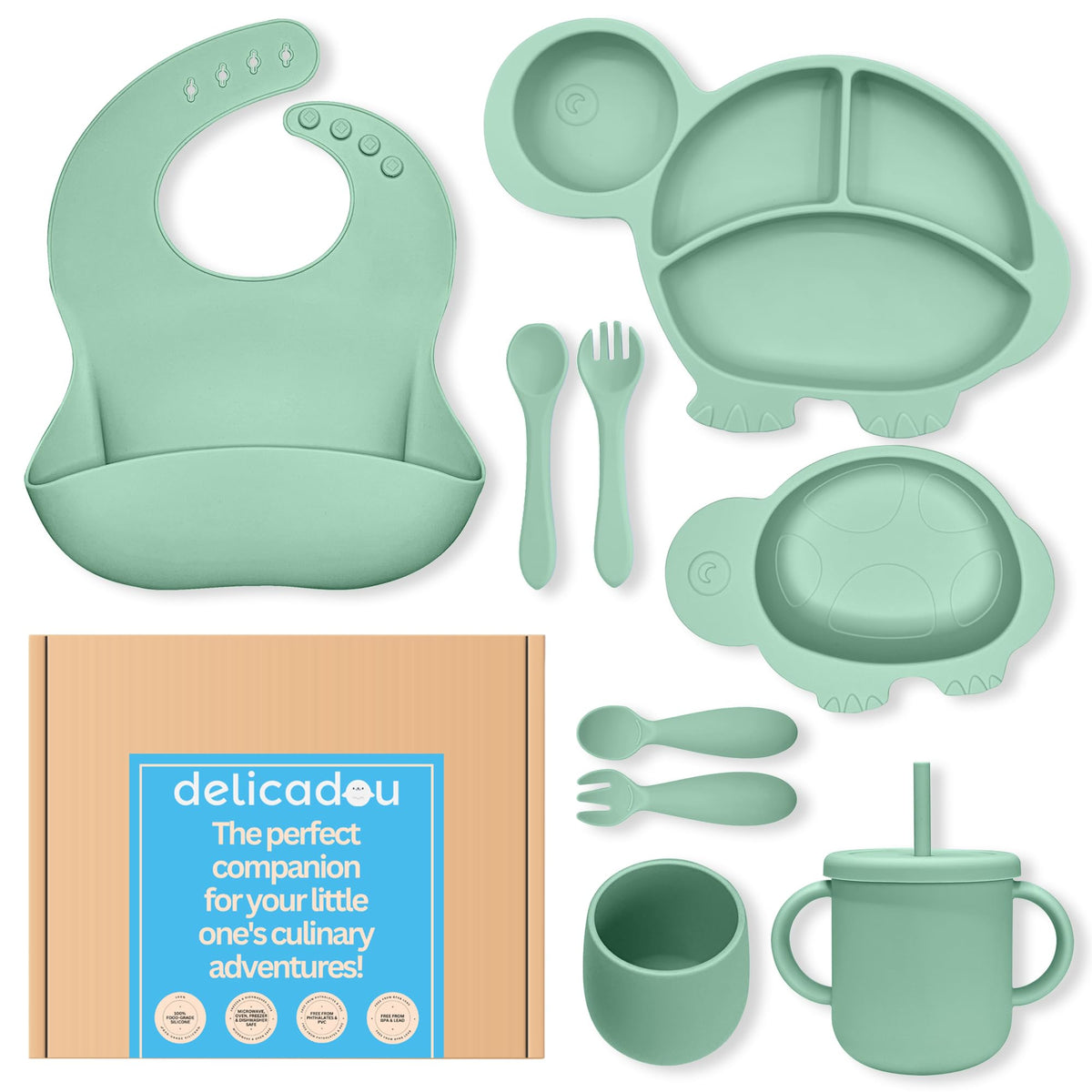 DELICADOU Set De Alimentación De Silicona para Bebés - 9 Piezas - Utensilios para La Primera Etapa De Alimentación De Alimentos Sólidos. A Partir De Los 6 Meses. Forma De Tortuga.