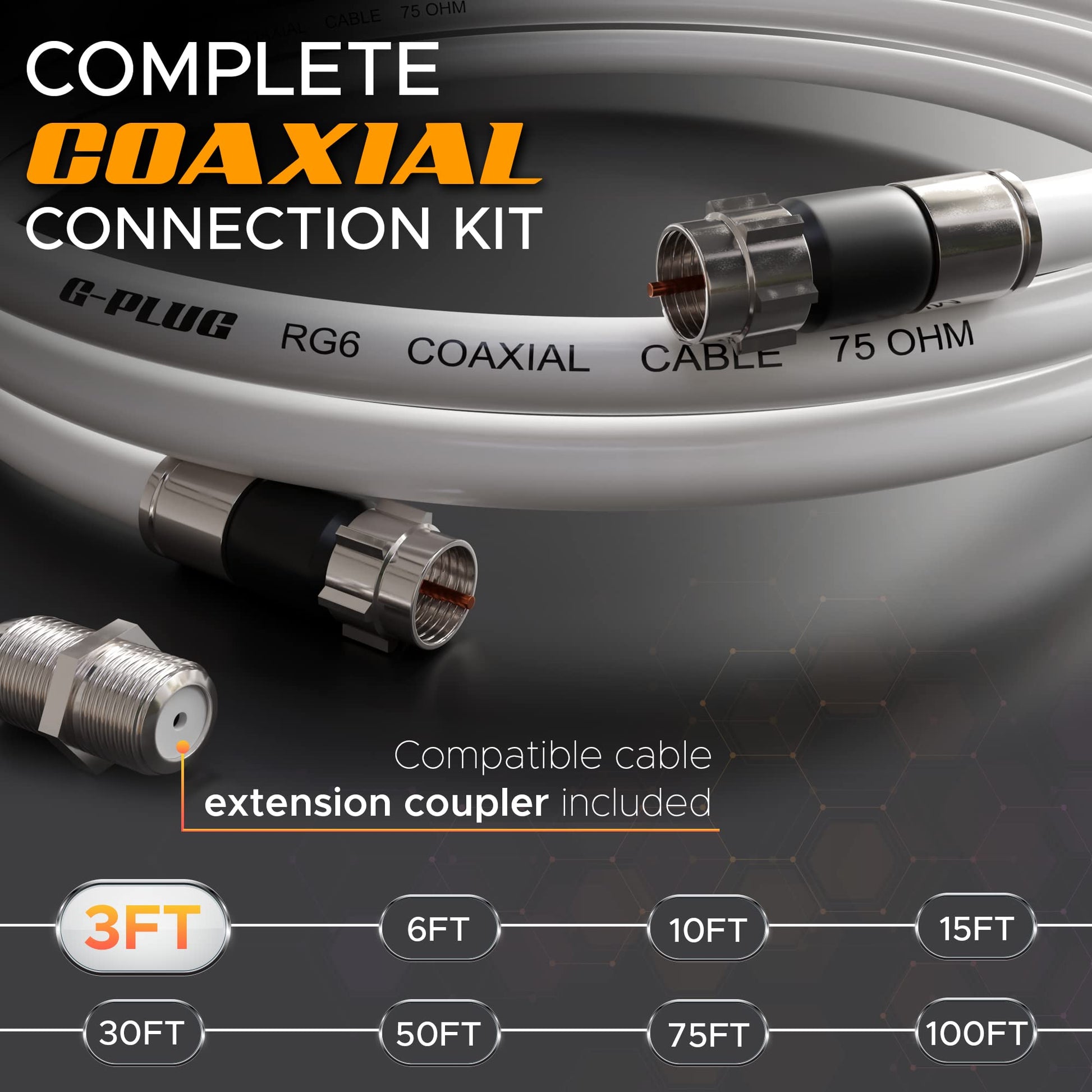 G-PLUG Cable Coaxial RG6 75 Ohm, Triple Blindaje, Conectores F Tipo Macho a Macho, Cable Antena TV, Satelital e Internet Banda Ancha, Incluye Acoplador F81, Blanco