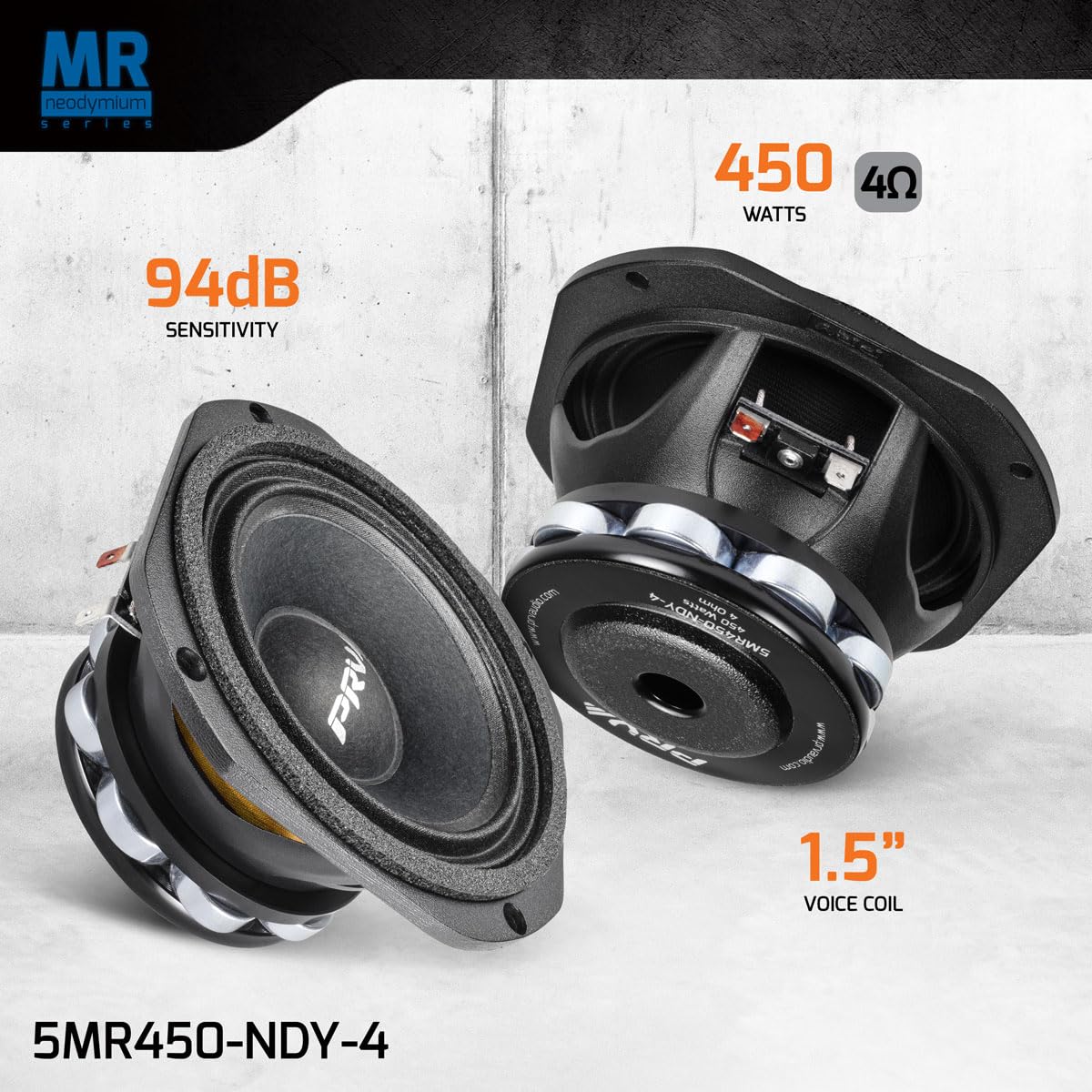 PRV AUDIO 5MR450-NDY-4, Altavoz de Rango Medio de 5 Pulgadas, imán de neodimio de Gama Alta, 4 ohmios, 450 vatios, Altavoz de Audio Profesional (Individual)