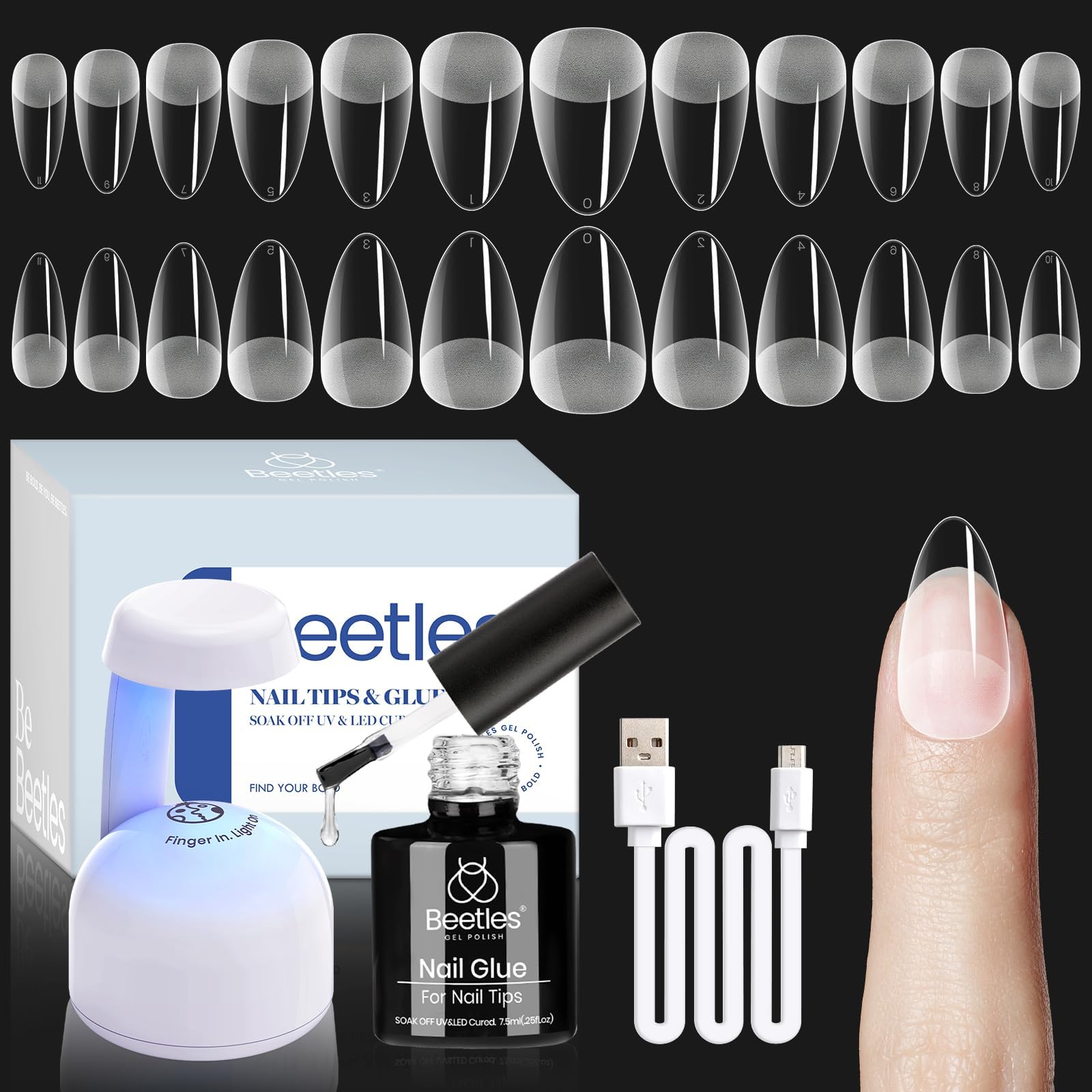 Kit de uñas de gel Beetles Almendra: 504 piezas Kit de uñas de gel Beetles Juego de extensiones de uñas fácil Etch X Puntas de uñas cortas, medianas, almendra, puntas de uñas medio mate Pegamento para uñas 5 en 1 Lámpara de uñas UV LED DIY