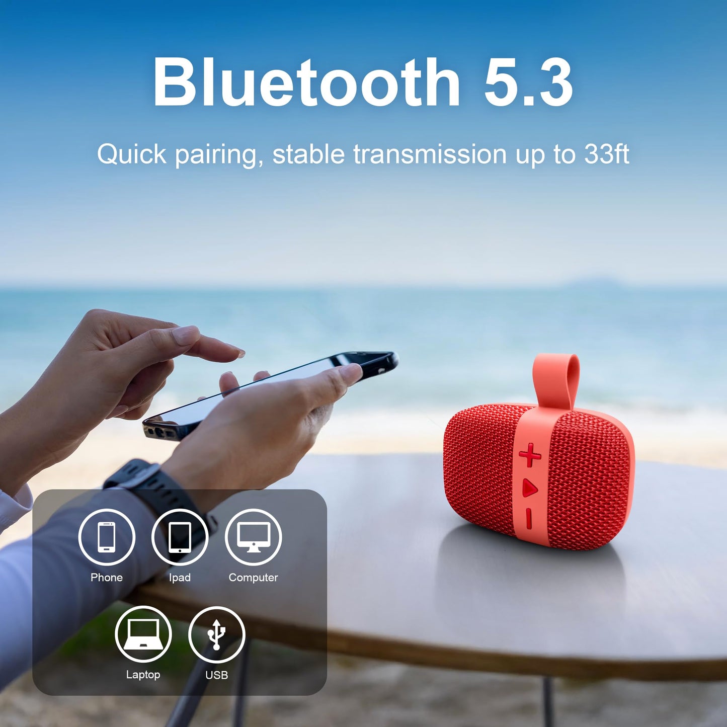 Fisher - Altavoz portátil Bluetooth con clip, IPX5 impermeable con clip, 10 W de potencia máxima Bluetooth estéreo con sonido HD, tiempo de reproducción 6H, BT 5.3, radio FM, electrónica inalámbrica