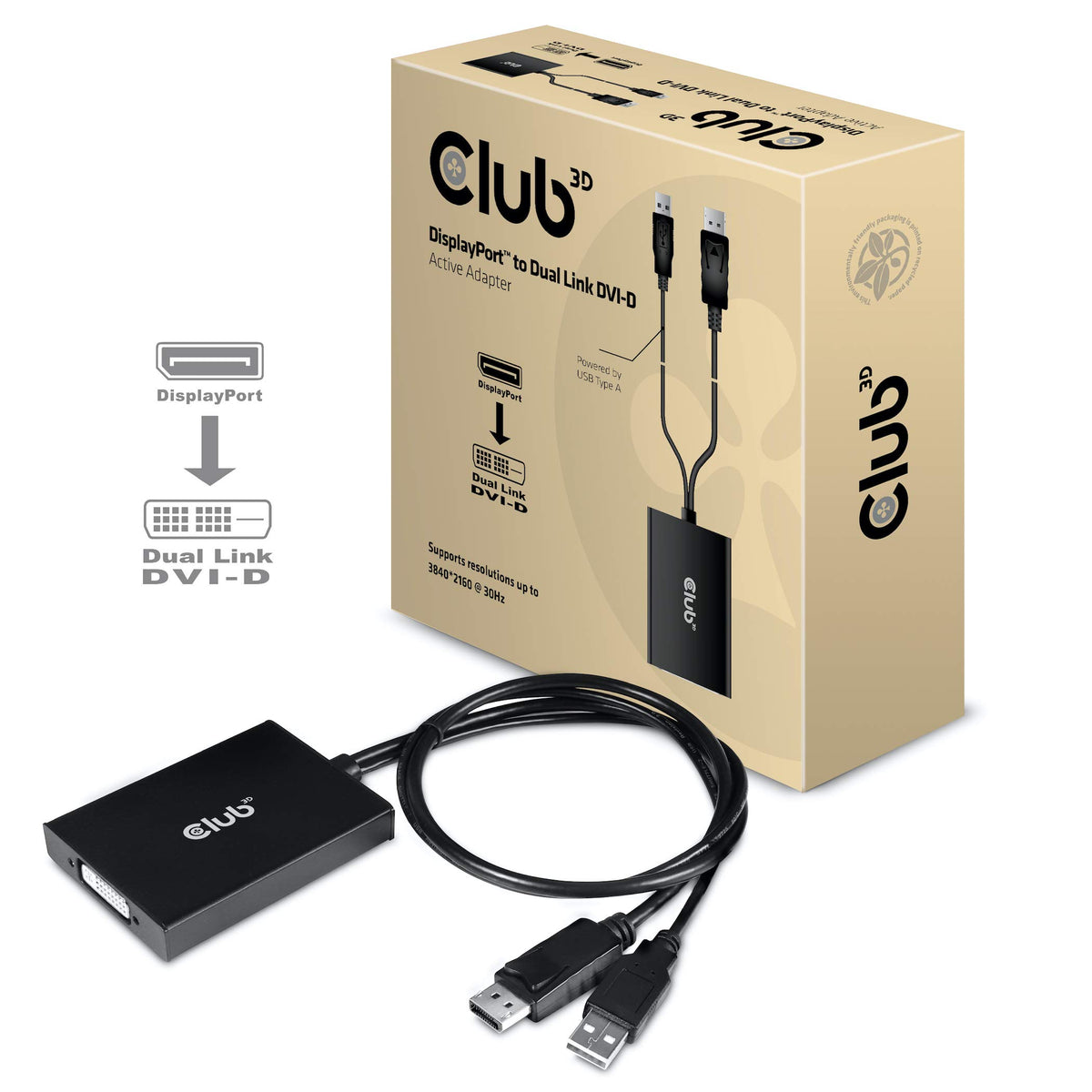 Adaptador Activo DVI-D CAC-1010 Club 3D Blanco Alimentado por USB A resolución 2560x1600 Compatible con HDCP