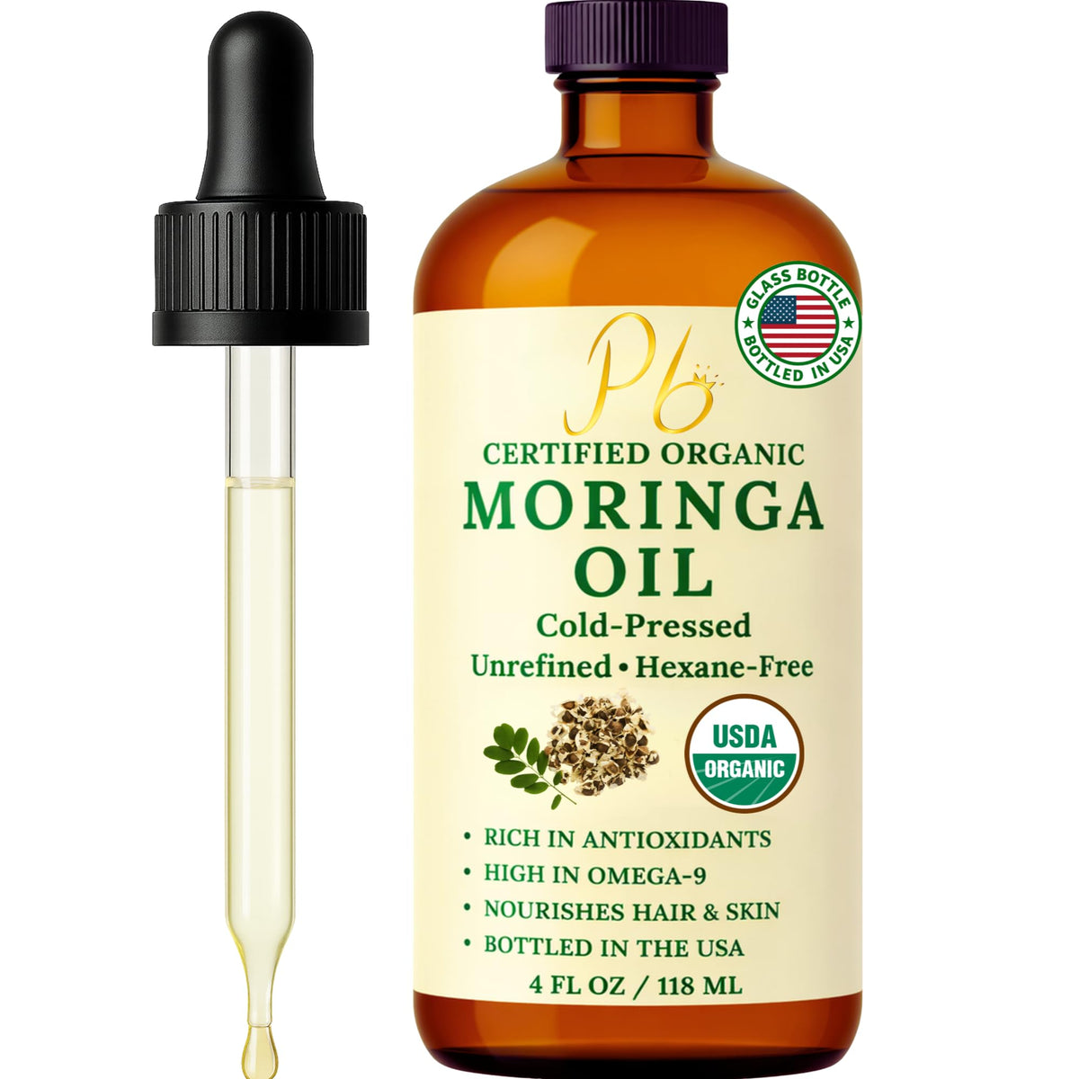 Pomberries Aceite De Moringa – 100% Puro, Prensado En Frío Y Sin Refinar – Aceite De Semilla De Moringa Para Rostro, Piel, Cabello Y Cuerpo – Hidratante, Antiedad – Botella De Vidrio Ámbar De 118 Ml(4