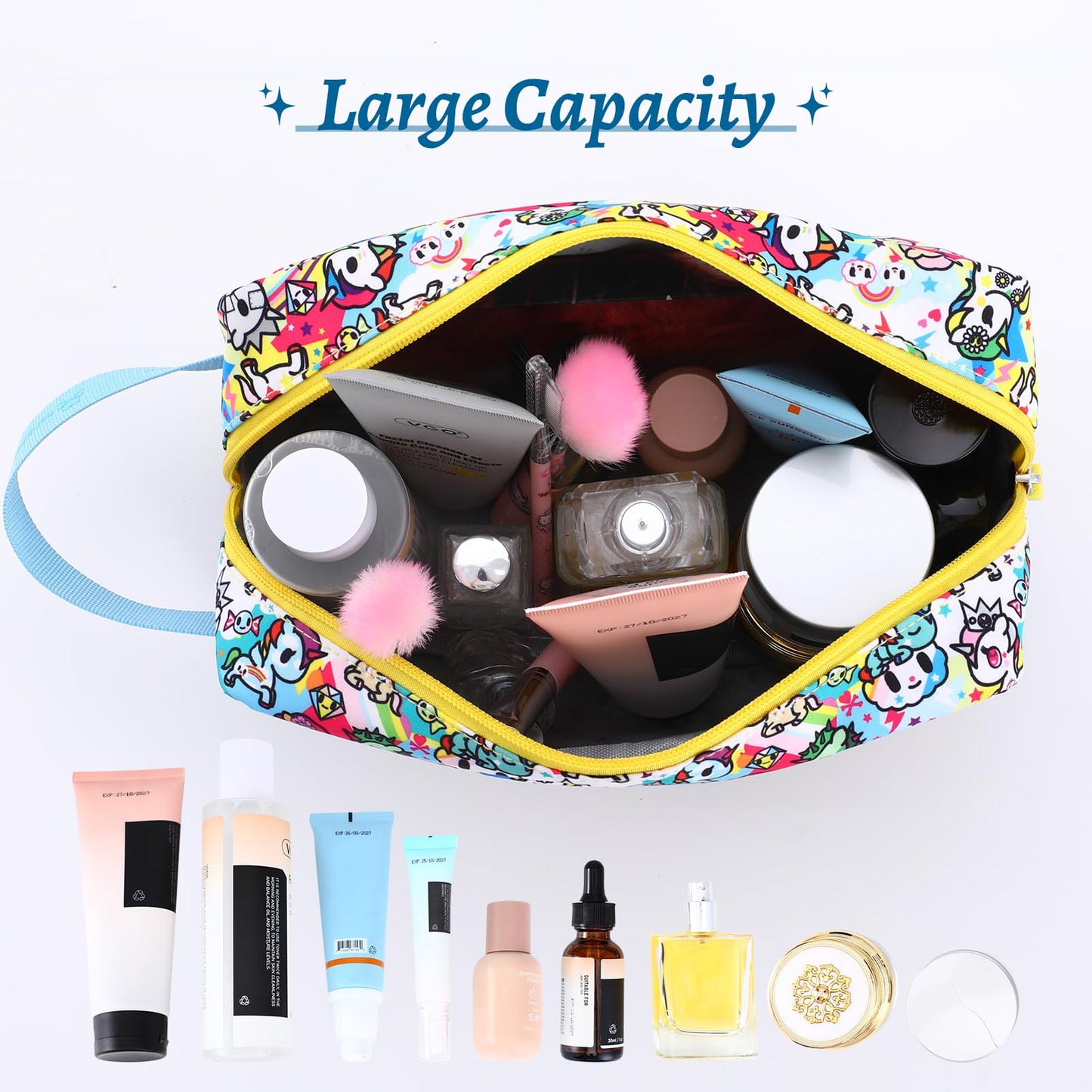 Tokidoki Unicorno Bolsa de maquillaje de viaje para mujer, bonita bolsa de cosméticos de gran capacidad, bolsa de artículos de cambiador portátil de dibujos animados para viajes, trabajo, oficina