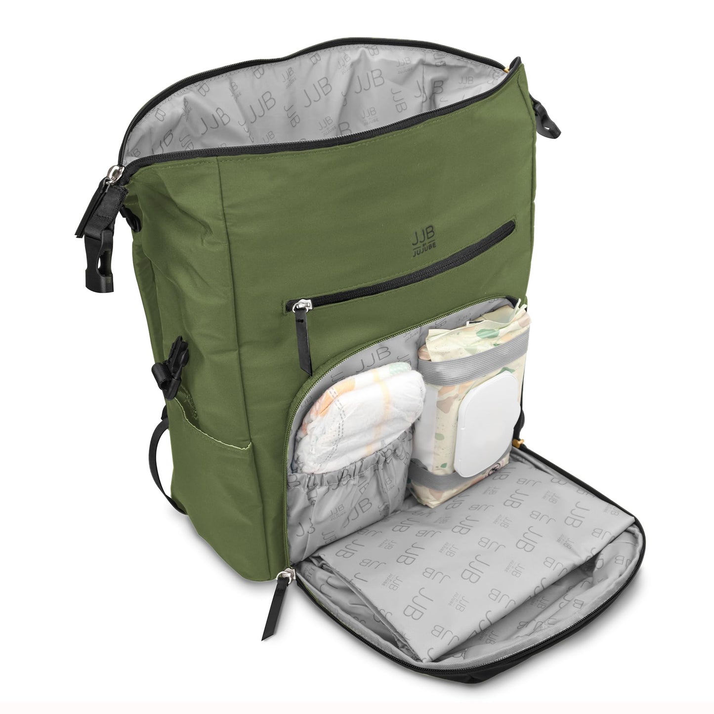 JuJuBe - Mochila para pañales con cambiador, organizador de gran capacidad de 11 bolsillos, bolsillo aislado para botellas, correas para carriola y manga para carrito, bolsa de viaje para bebé para