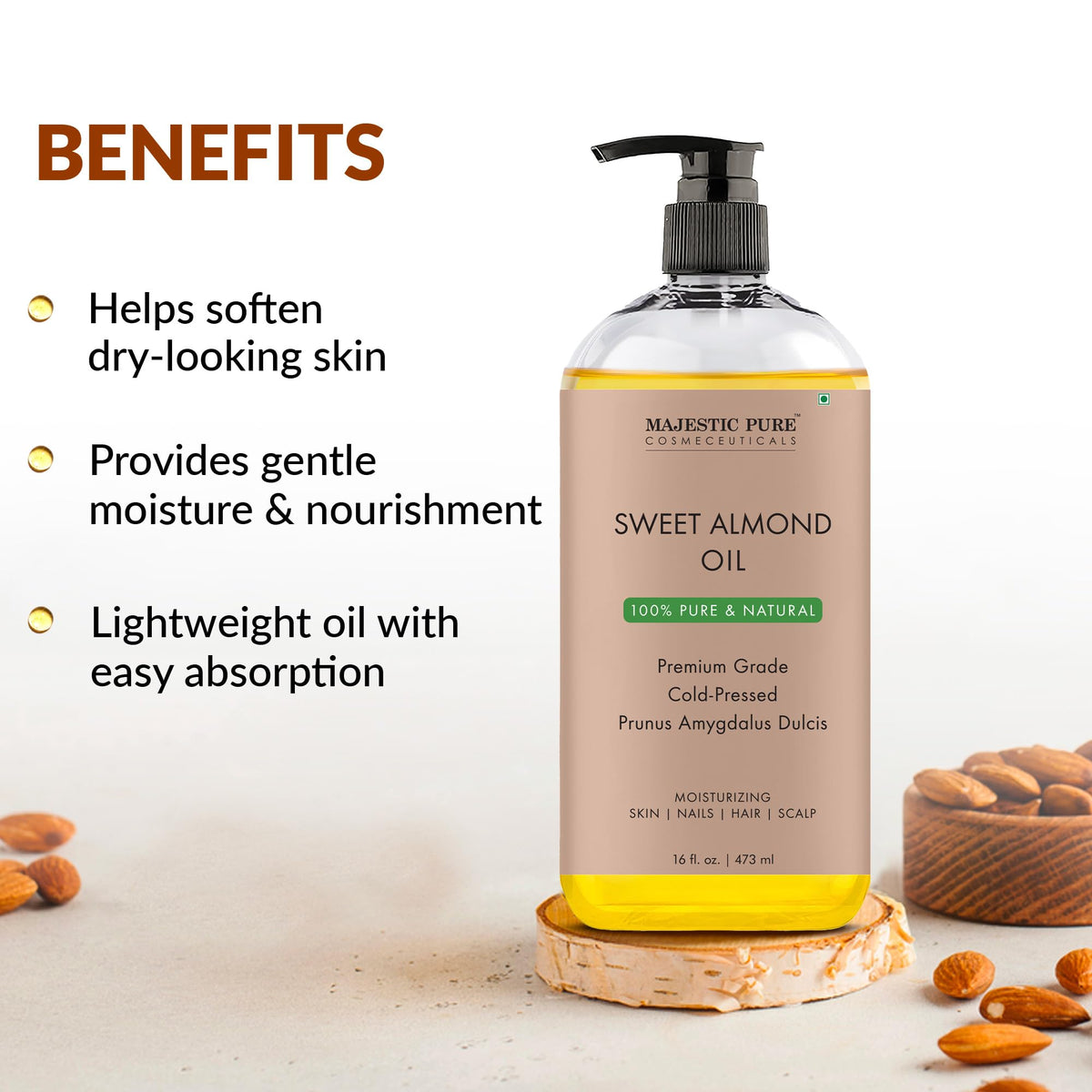 Majestic Pure Sweet Almond Oil, Super Triple A Grade Quality, 100% Pure and Natural from Spain, Cold Pressed , 16 fl oz.