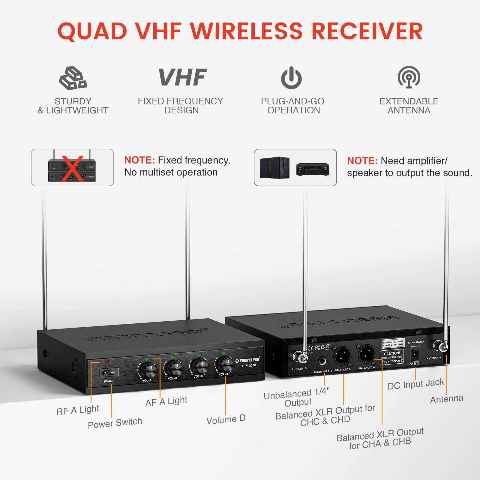 Sistema de Micrófono Inalámbrico VHF Phenyx Pro Negro con Receptor de Metal para Iglesia y Conferencia