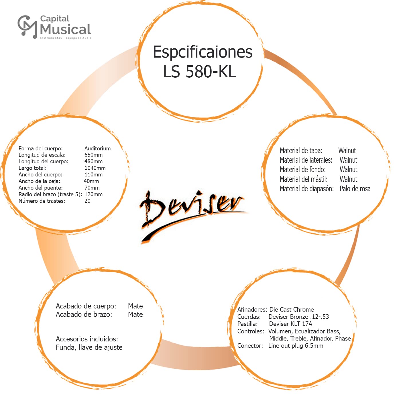 Deviser Guitarra Electroacústica Ls-580 Diseño Jazz, Mate Con Funda, cuerdas de metal, Sonido de Buena Calidad
