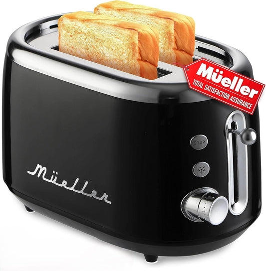 Mueller - Tostador retro para 2 rebanadas con 7 niveles de tostado y 3 funciones, calentar, descongelar y cancelar, acero inoxidable, charola de residuos extraíble, compartimento de cable bajo base,