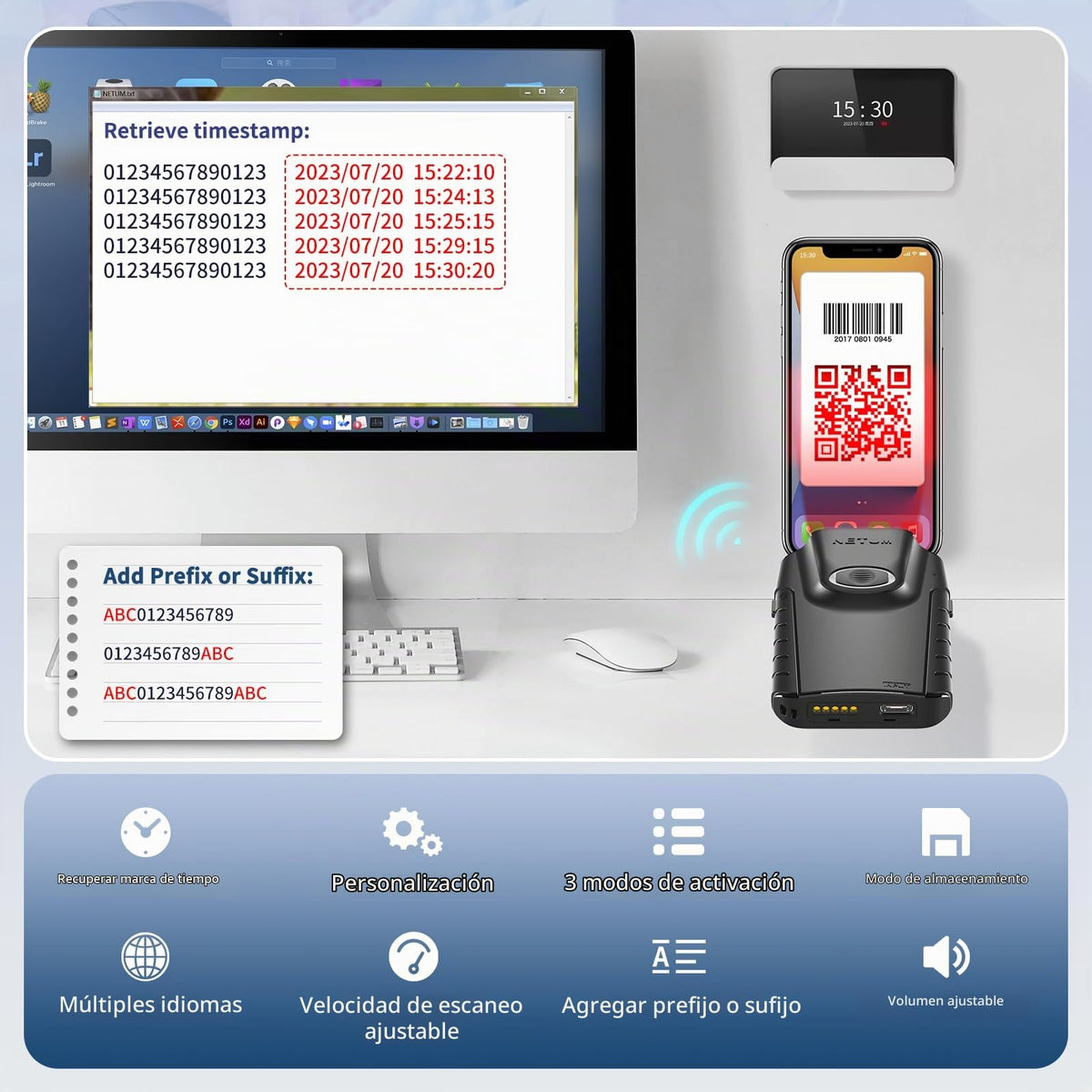Escáner de Código de Barras NETUM Bluetooth 2D Portátil QR Automático Inalámbrico pequeño con Clip Trasero Compatible con Tablet iOS Android Windows MacOS