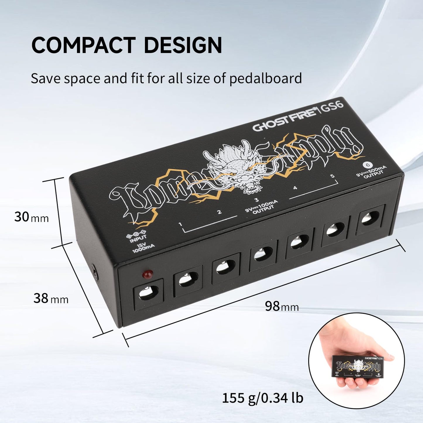 GHOSTFIRE GS6 - Fuente de alimentación compacta y negra para pedal de guitarra de alta corriente 9V/1000mA para pedales de efecto 9V/12V/18V