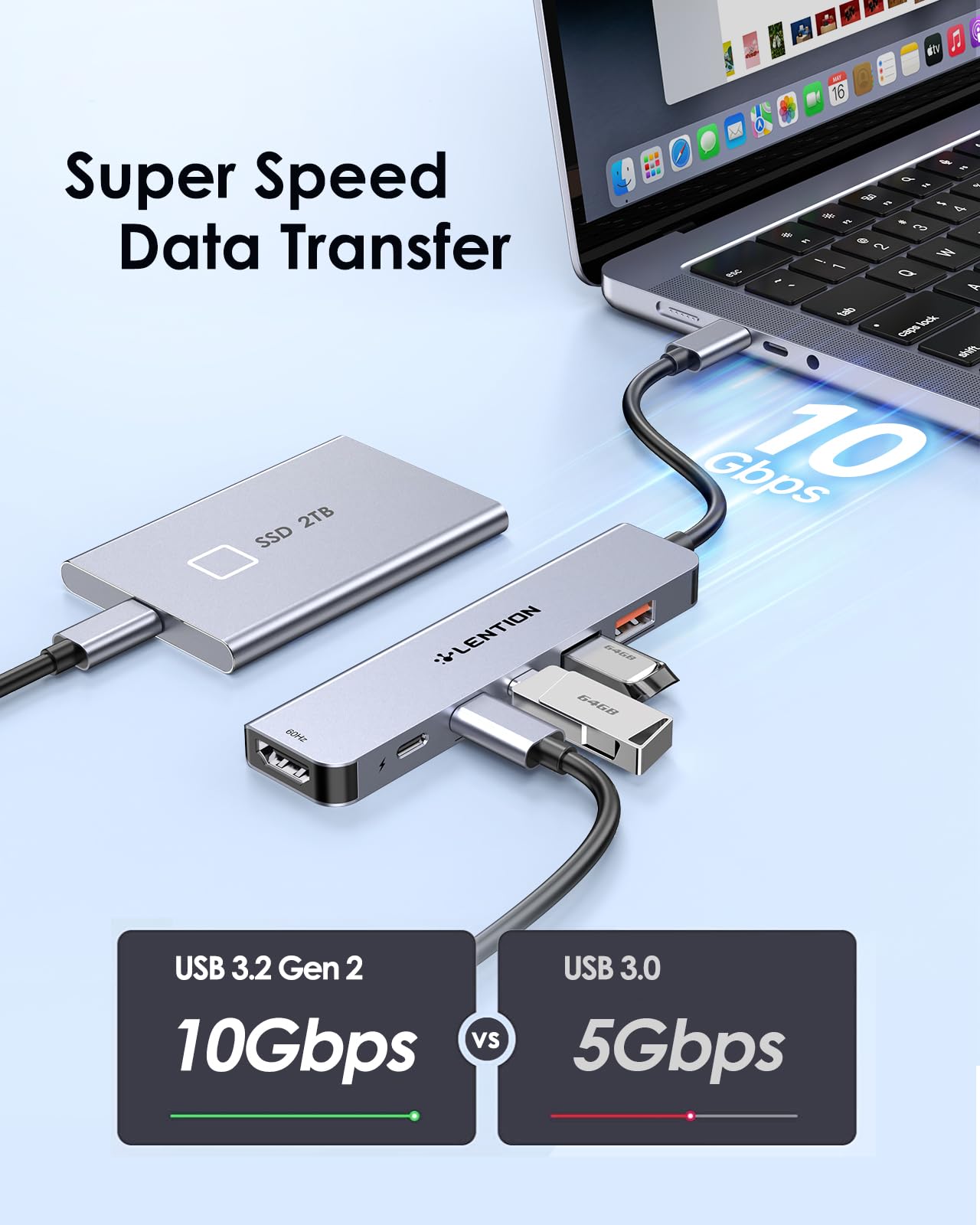 LENTION Hub USB C 6 en 1 con USB C a HDMI 4K@60Hz, 10G USB C y USB 3.2 Gen2, 100W PD, para MacBook Air 2018-2023, Nuevo Mac Pro, Más (CE37, Gris Espacial).