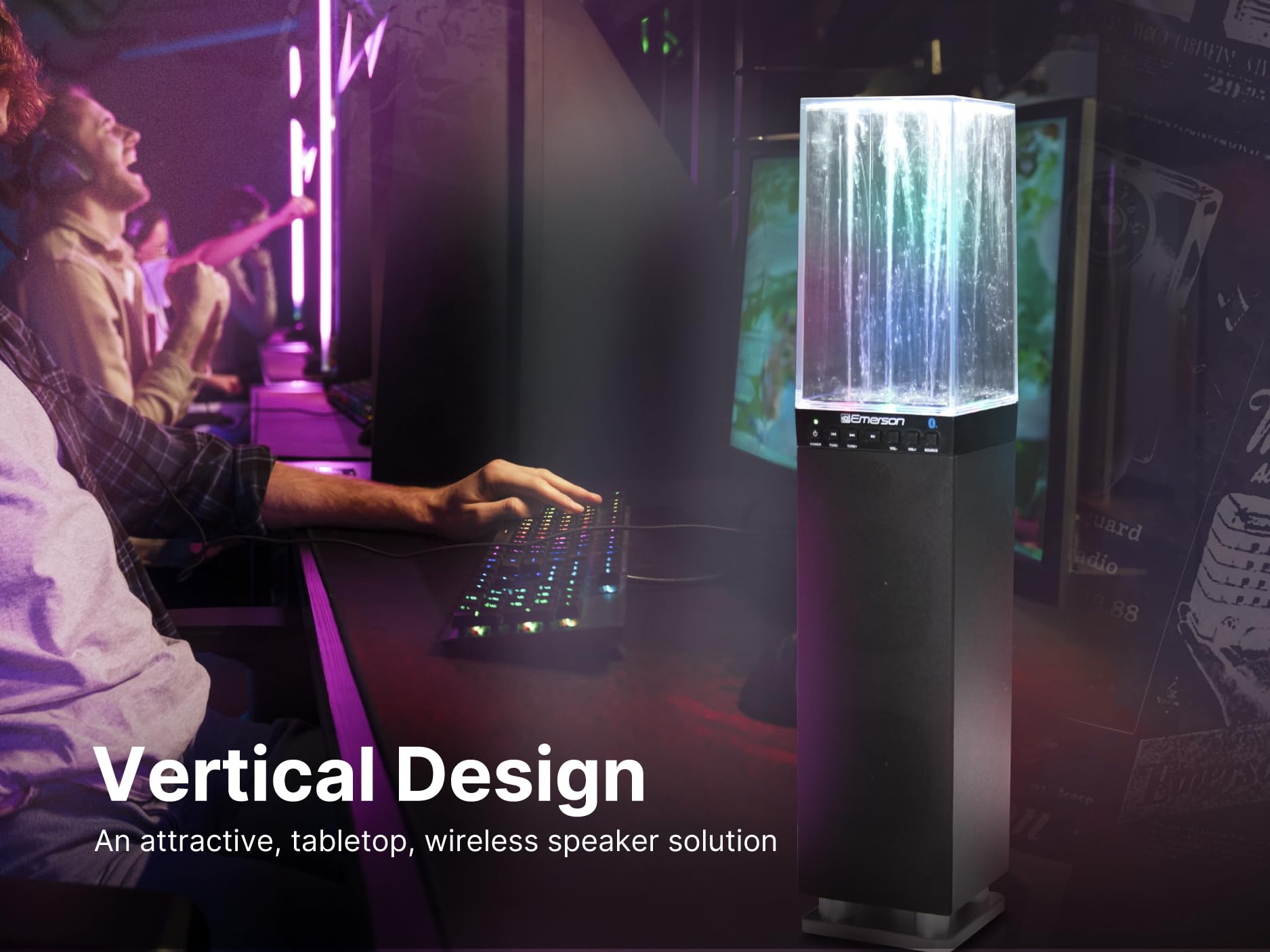 Emerson EHS-2001 Sistema de Altavoces de Torre de luz de Agua con Bluetooth y Radio FM, Altavoz inalámbrico de pie con Fuente de Agua LED, Sonido cristalino, transmisión Bluetooth