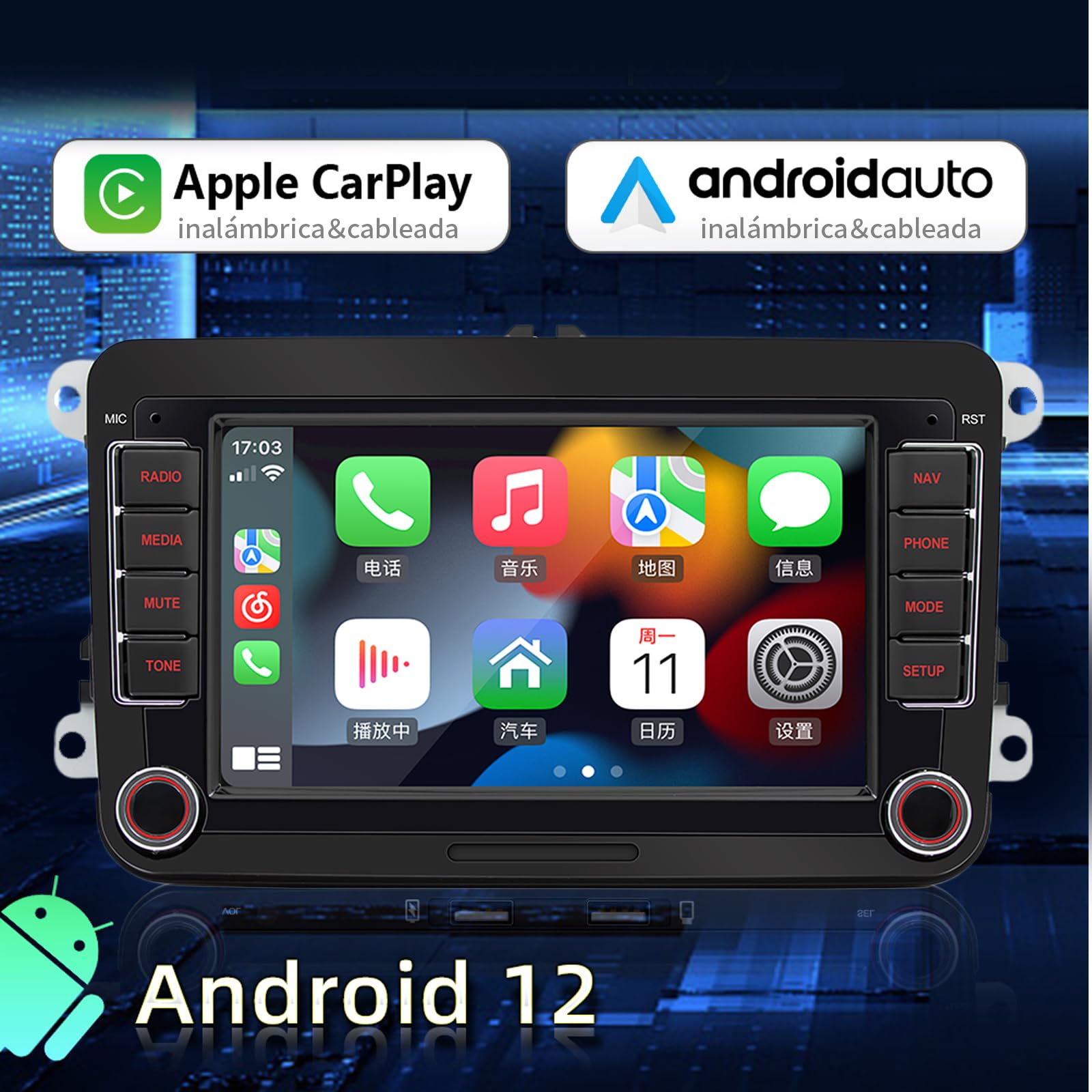 FINYQBET Estéreo para Auto W6060 de 7 Pulgadas, Radio Android con CarPlay y GPS Integrado, Compatible con Control de Volante y Cámara de Reversa, Pantalla Táctil HD para Vehículos de 12V