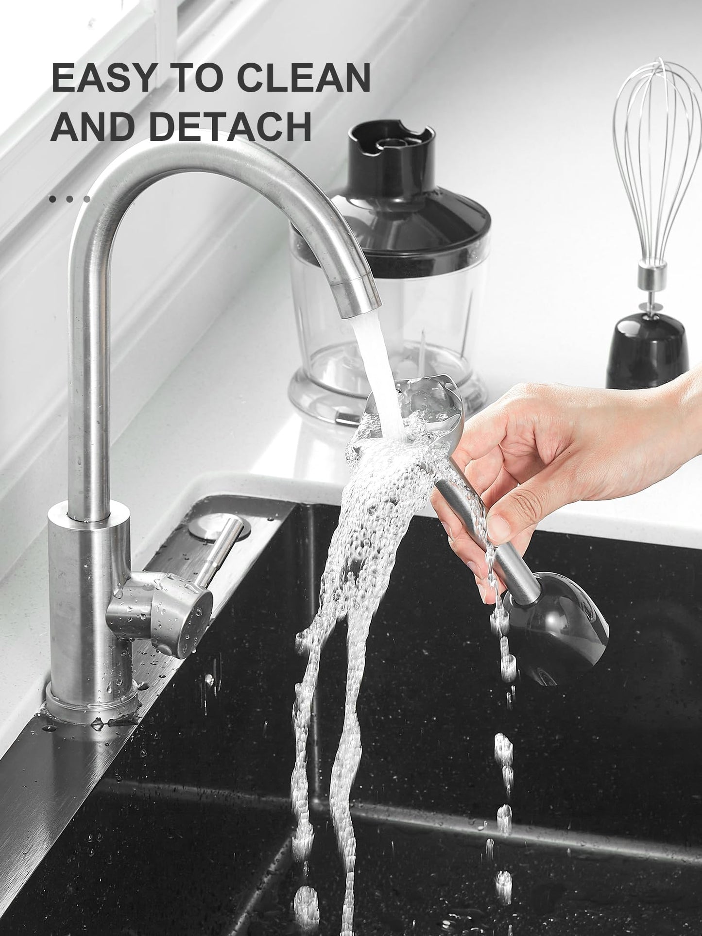 Licuadora de inmersión manual 5 en 1, de mano de 1000 W, con motor de cobre, barra de hoja de acero inoxidable, vaso de mezcla, procesador de alimentos, batidor, espumador de leche para batidos, puré
