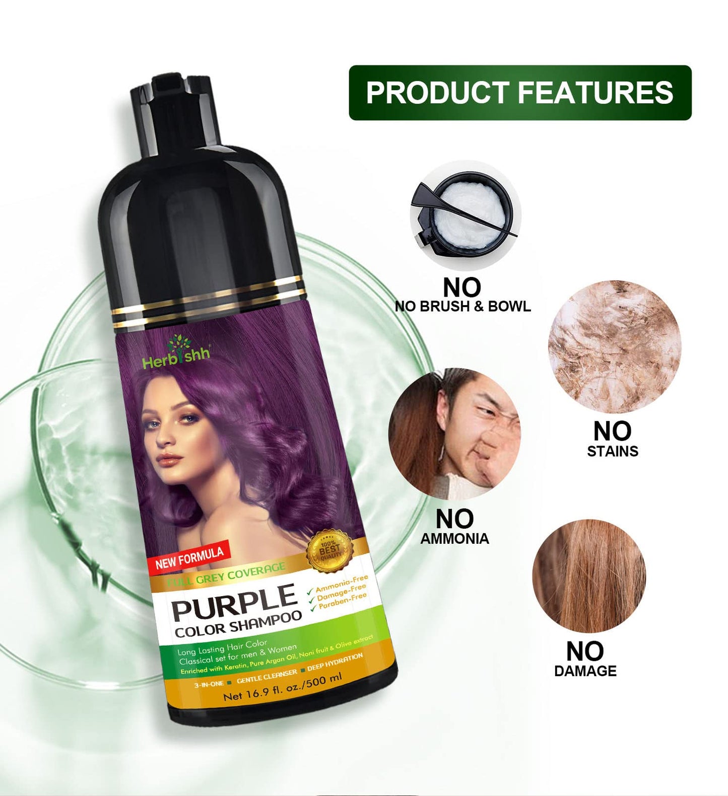 Herbishh - Champú colorante para cabello gris, champú con tinte natural para el cabello, colorea el cabello en minutos, dura hasta de 3 a 4 semanas, 500 ml, tinte de cabello 3 en 1, sin amoniaco | (morado)