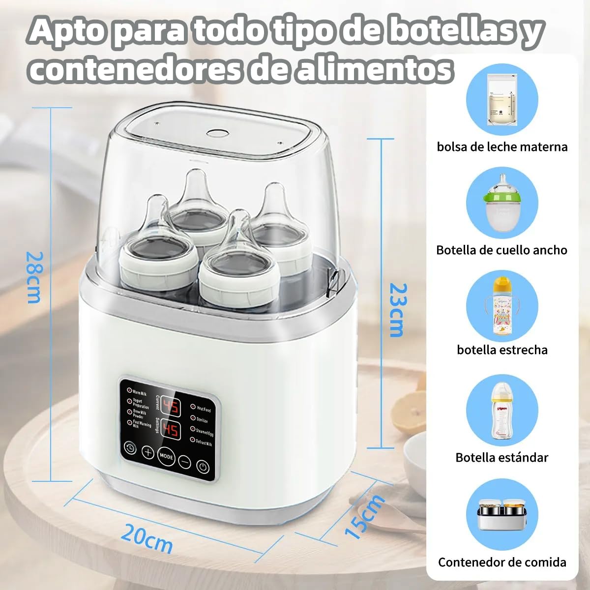 EEBOU Calentador de Biberones Esterilizador Multifuncional 8 en 1 [Modelo Mejorado de 2026], Apto para 4 Biberones, Calentador de Biberones Portatil Modo Constante de 24H, Sin BPA (Gris)
